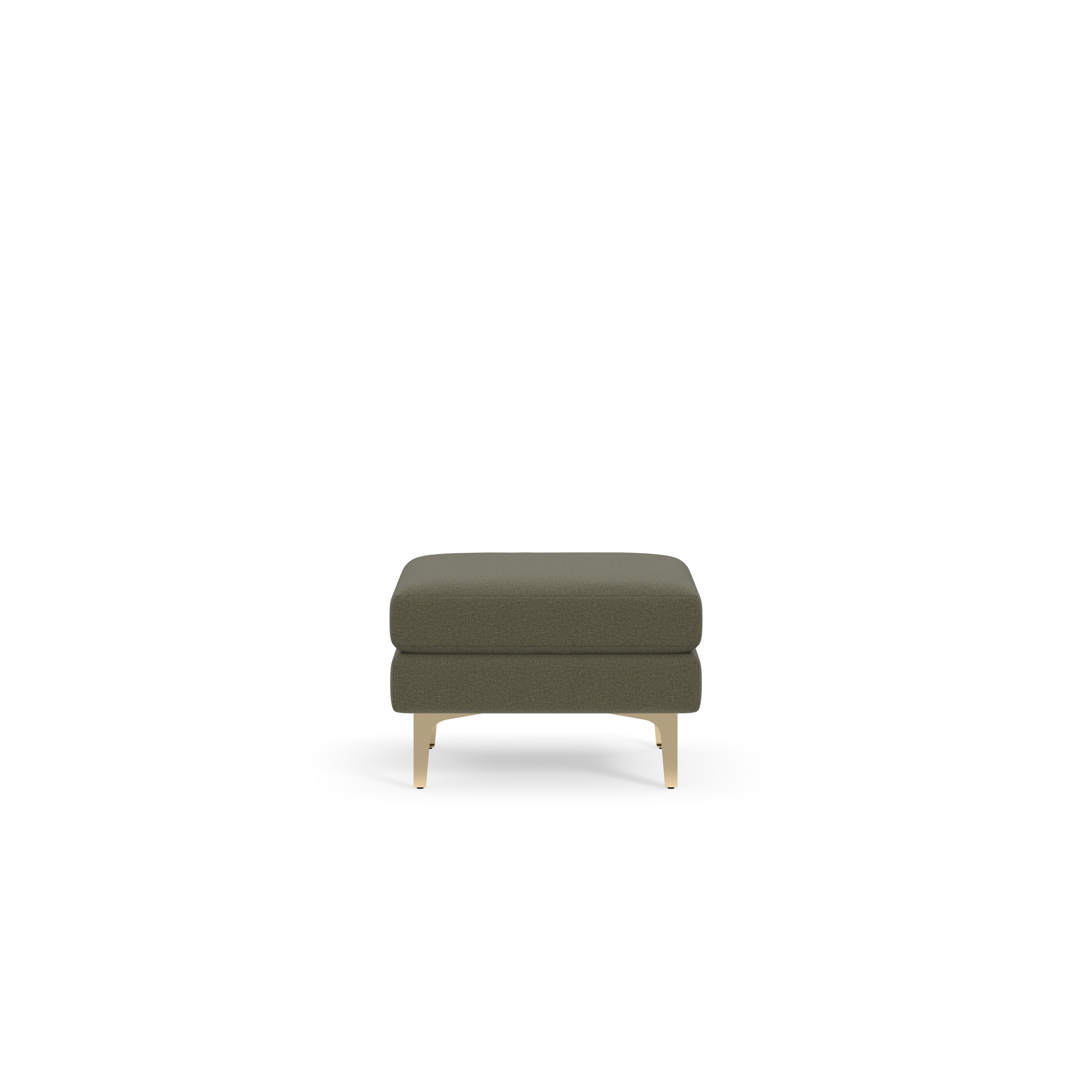 Square Moss green upholstered ottoman with light wooden legs on a black background.