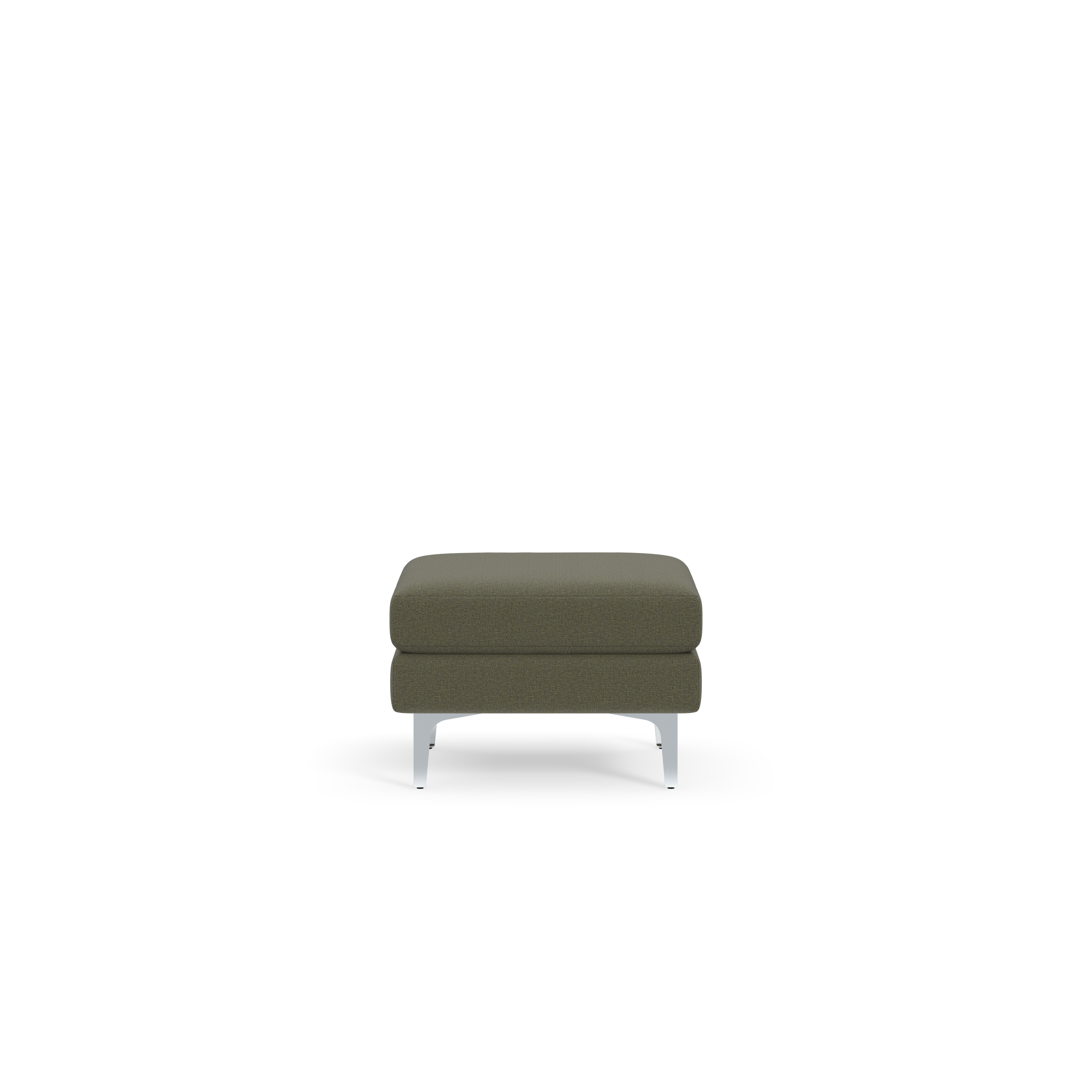 Square Moss green upholstered ottoman with sturdy white legs on a black background.
