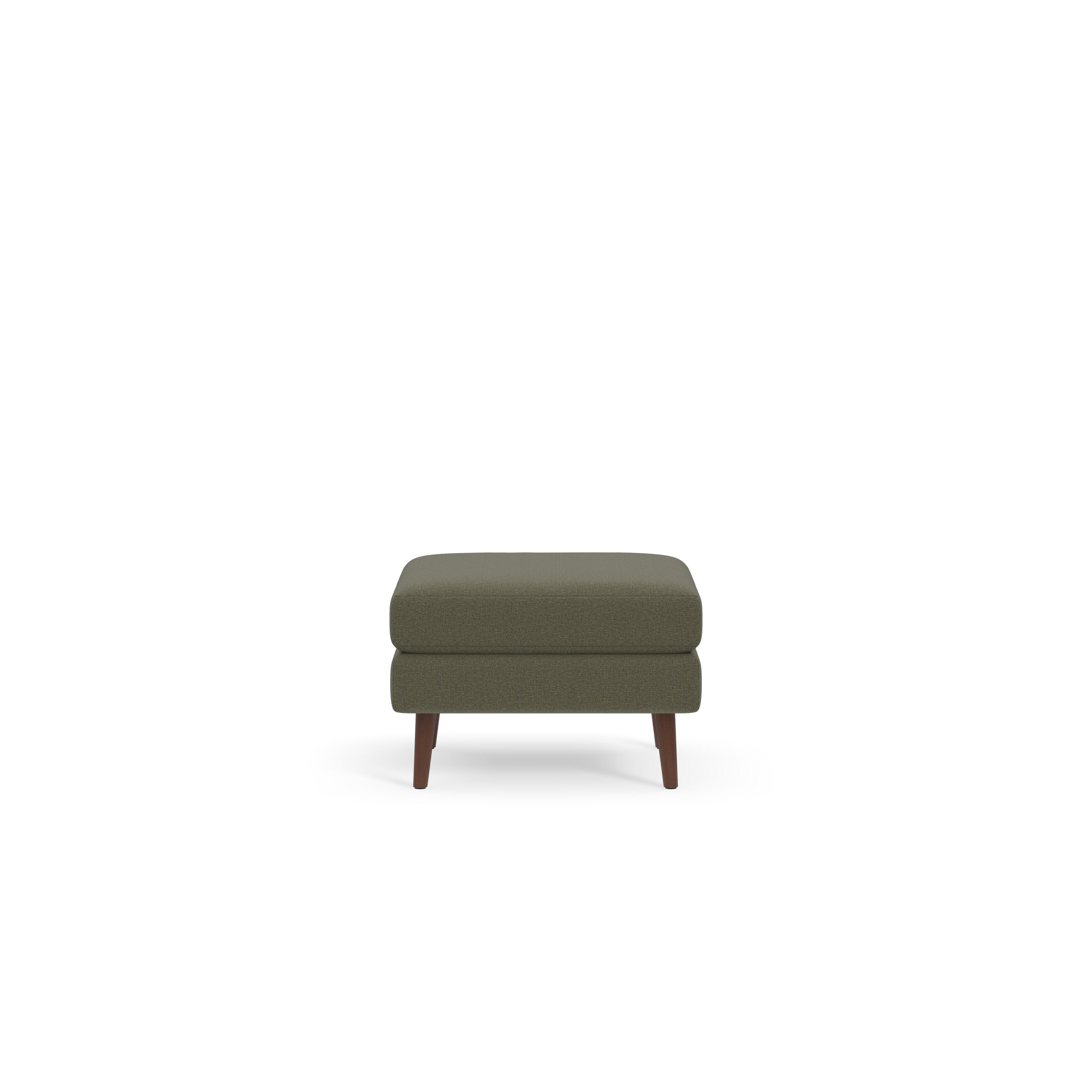 Square Moss green upholstered ottoman with soft cushioning and four tapered wooden legs against black background.