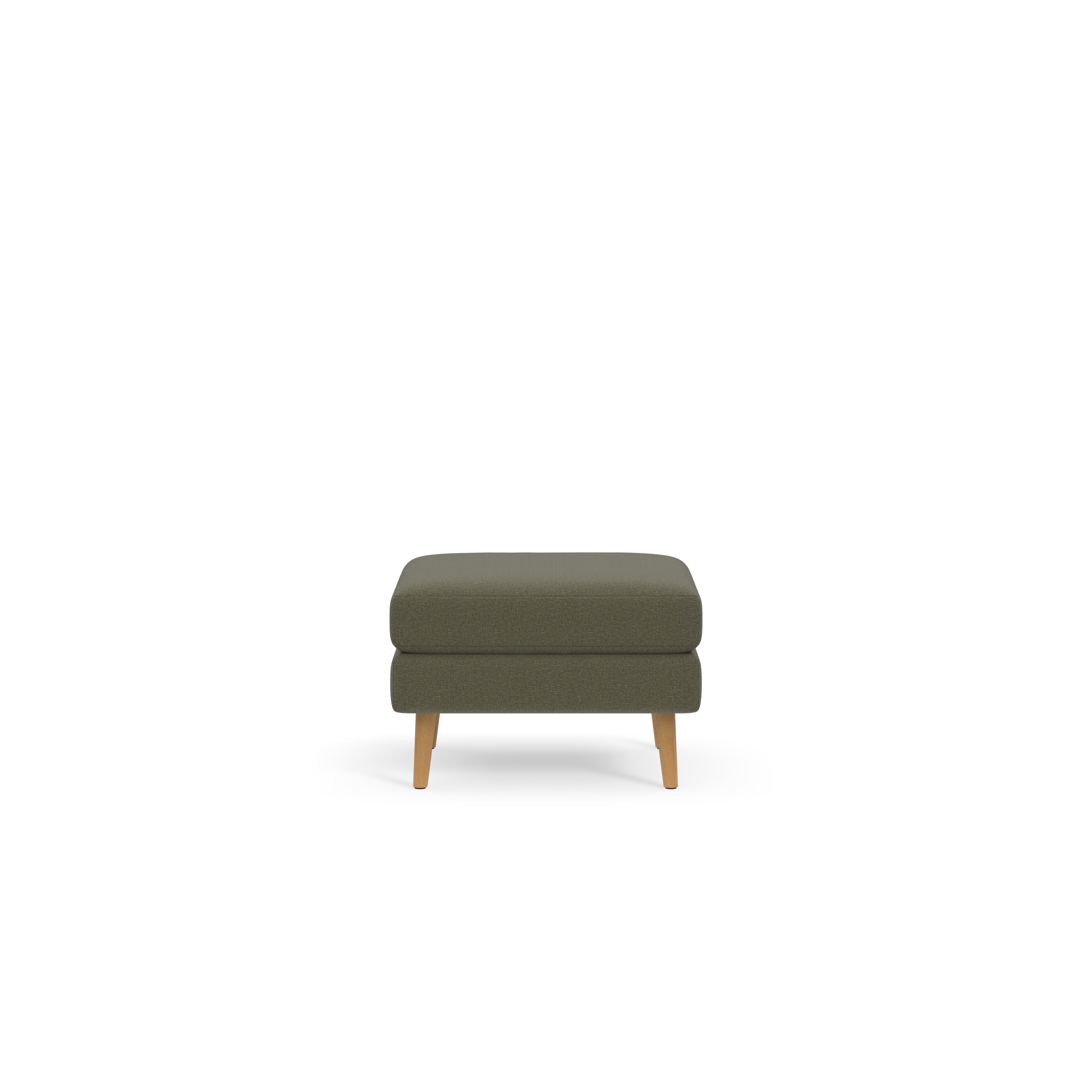 Square Moss green cushioned ottoman with light wooden legs on black background.