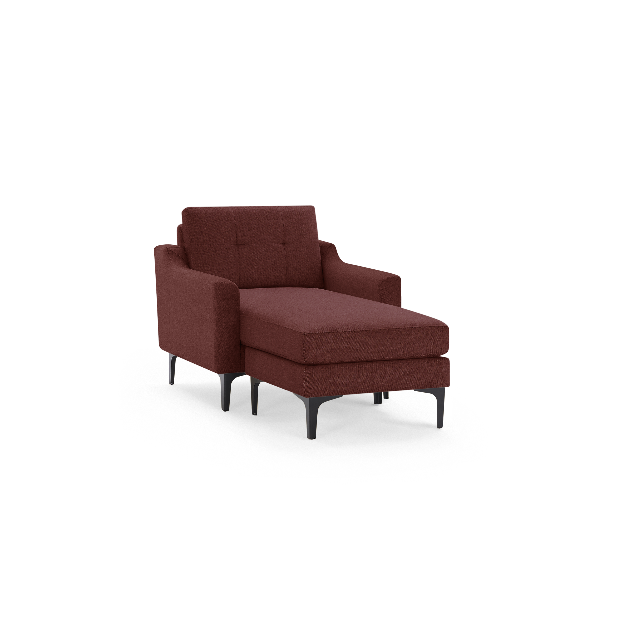 Modern chaise lounge chair in dark red fabric with tufted backrest and black slim metal legs, designed for comfort and style.