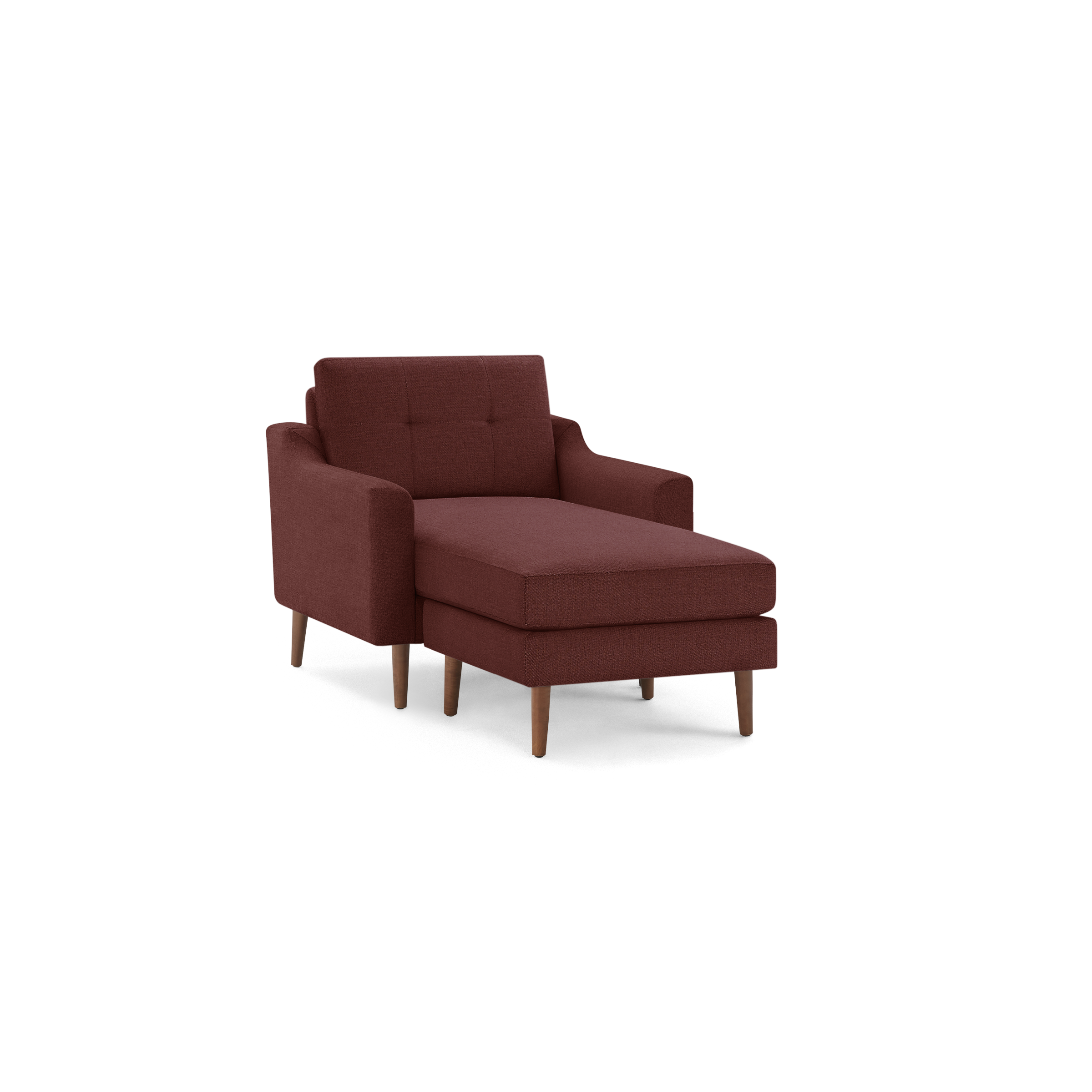 Mid-century modern style chaise lounge chair with deep red fabric upholstery and wooden tapered legs.