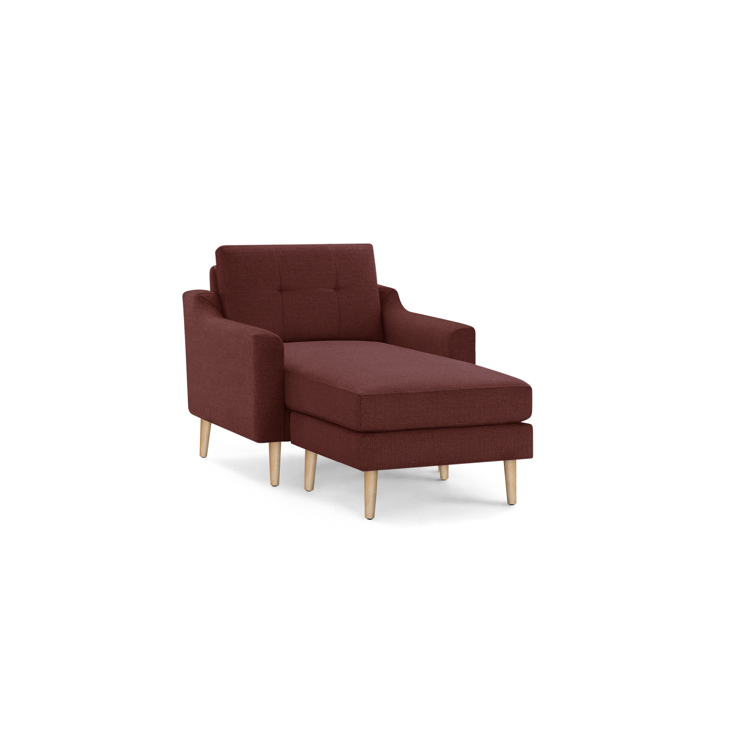 Modern dark red fabric chaise lounge chair with tufted backrest and light wooden tapered legs, designed for comfort and style.