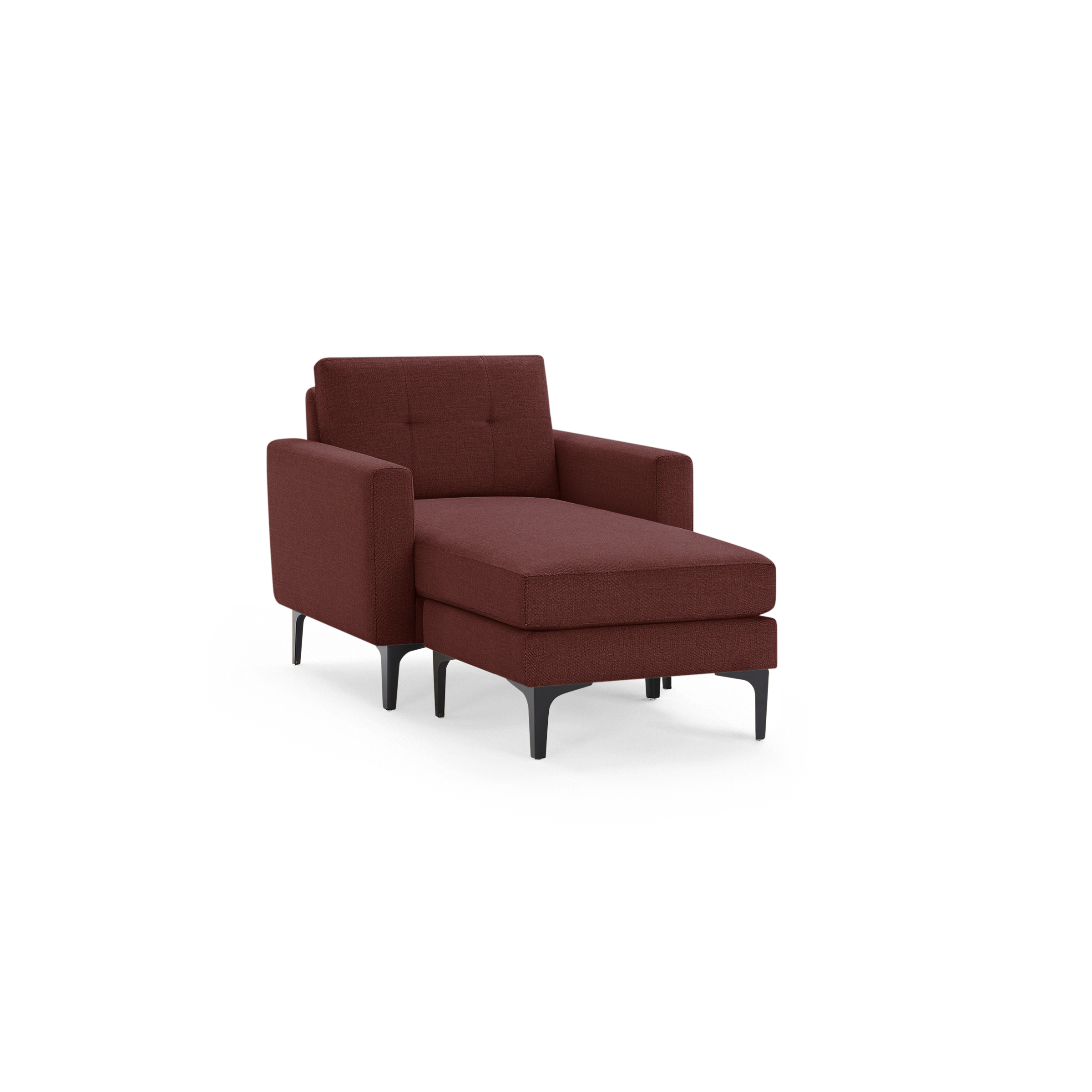 Modern chaise lounge chair with dark red fabric upholstery, button-tufted backrest, armrests, and black tapered legs.