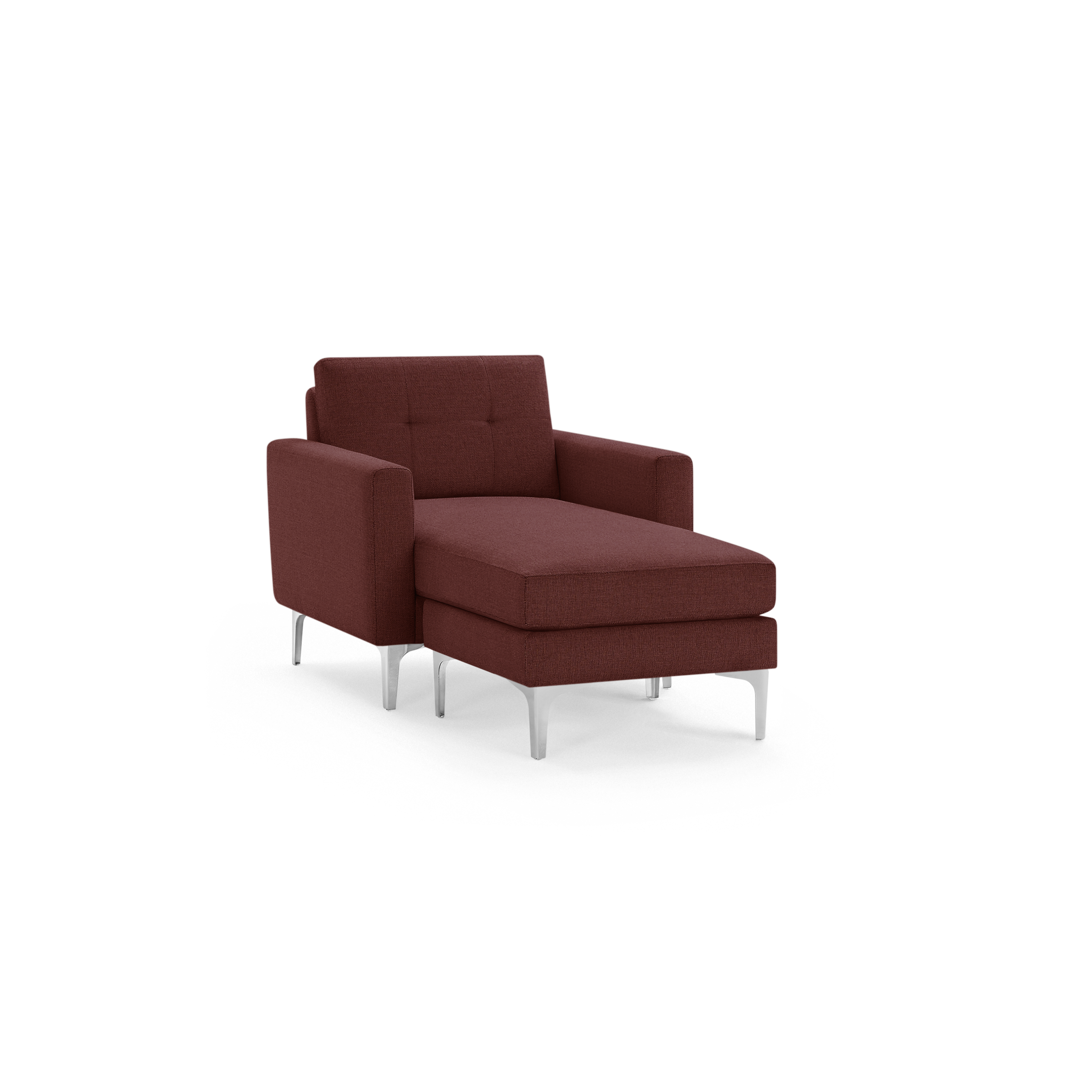 Modern chaise lounge chair in deep red fabric upholstery with tufted backrest and sleek silver metal legs.