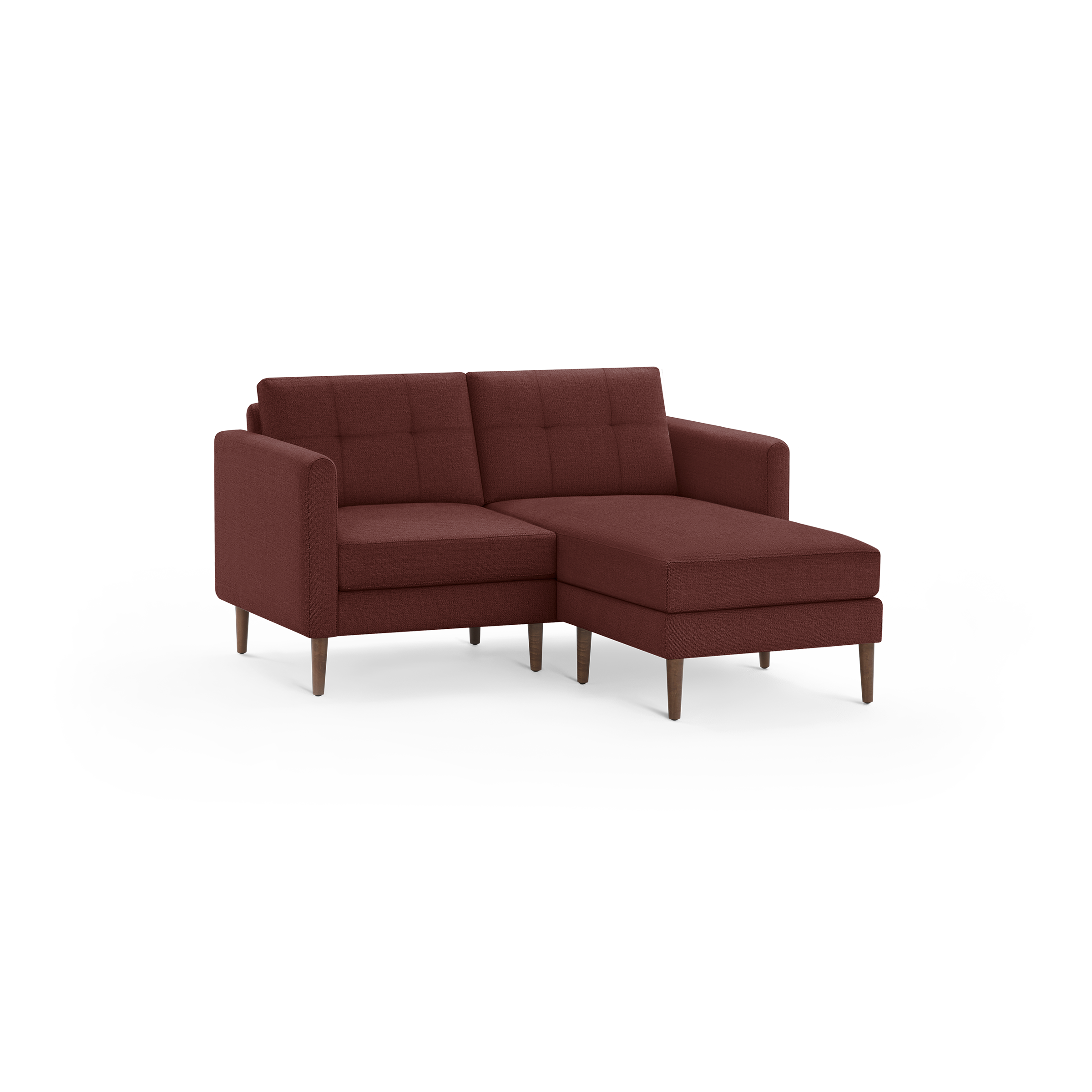 Mid-century modern style sectional sofa in dark red fabric with tufted cushions and wooden legs, featuring a chaise lounge on the right.