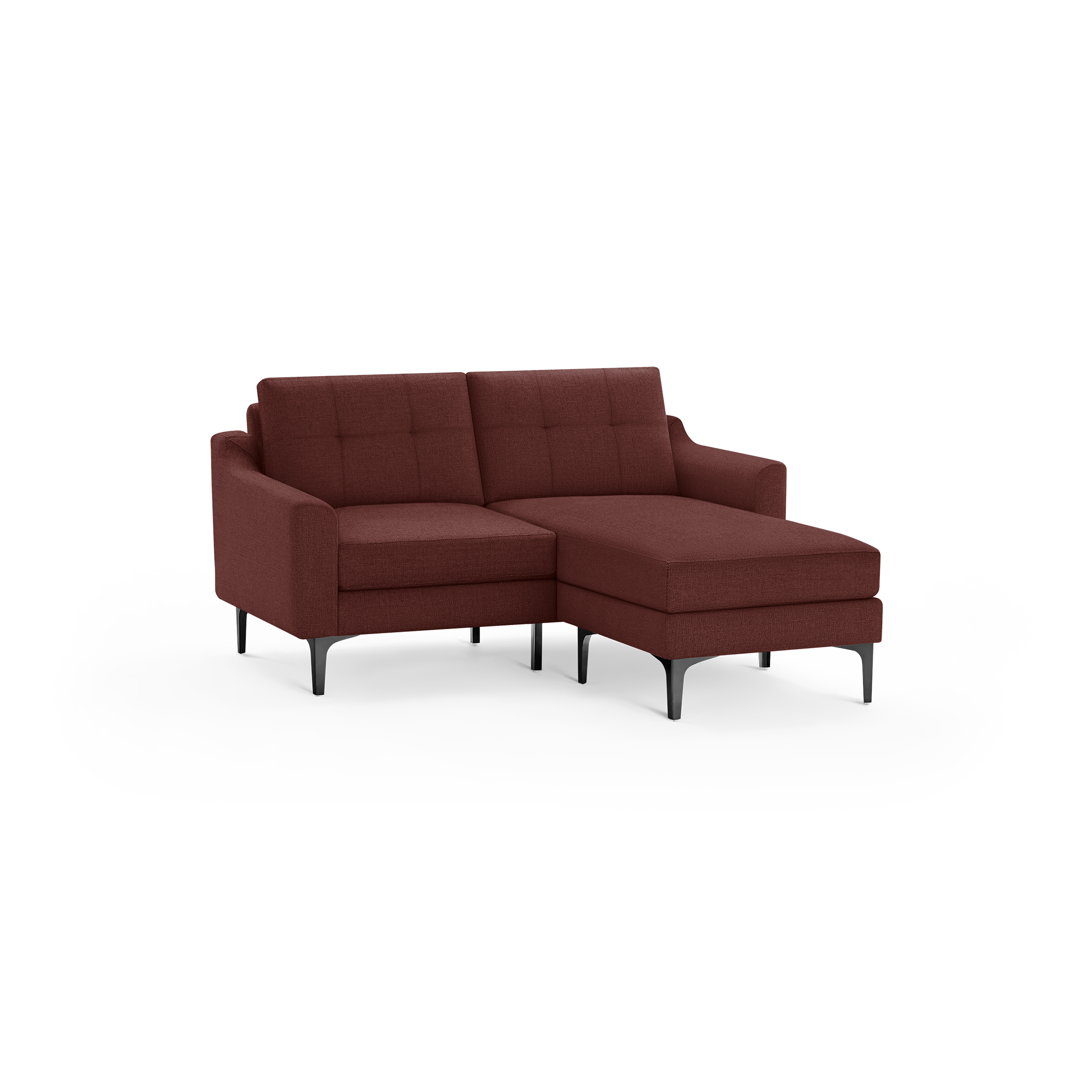 Modern sectional sofa in deep red fabric with tufted back cushions, slim armrests, and black angled legs.