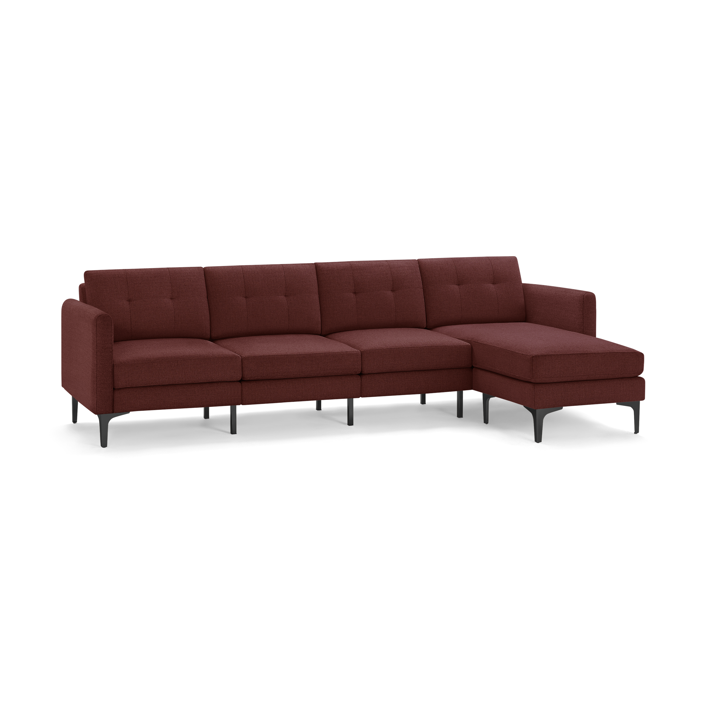 Modern sectional sofa in deep red fabric with tufted back cushions, slim armrests, and black angled legs.