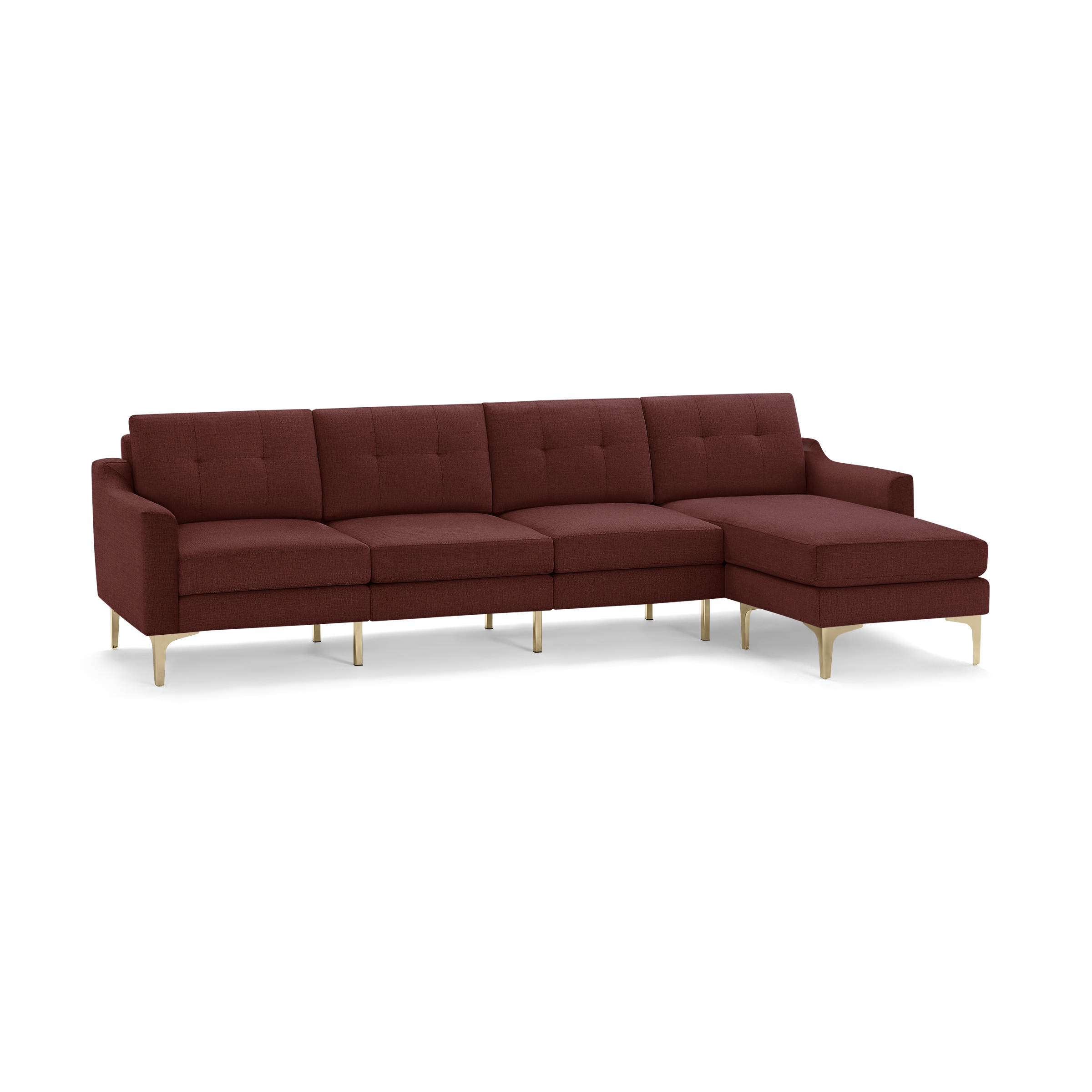 Modern L-shaped sectional sofa in deep red fabric with tufted back cushions and slim gold-tone metal legs.