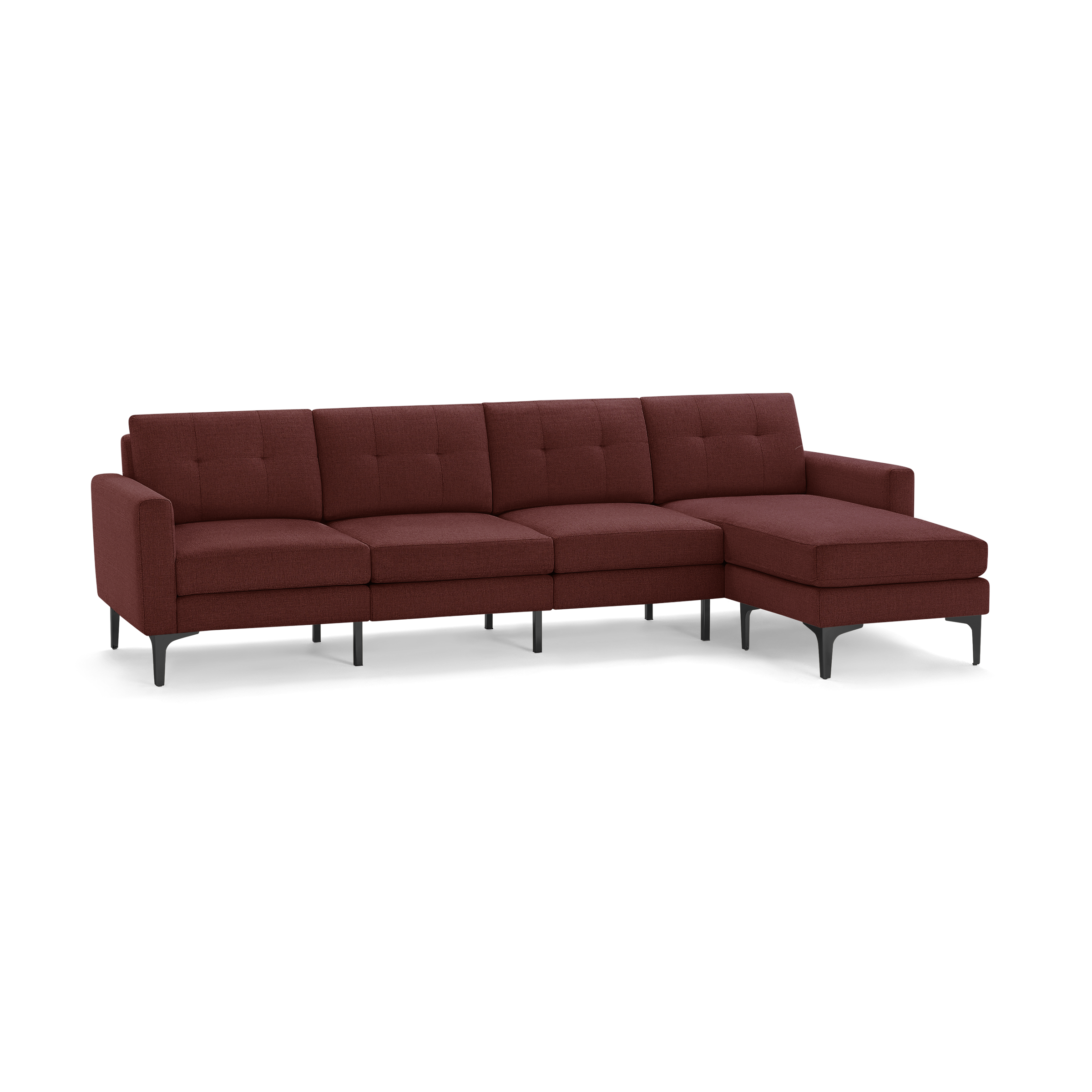 Modern sectional sofa with a chaise lounge, upholstered in dark red fabric, featuring tufted cushions and black metal legs.