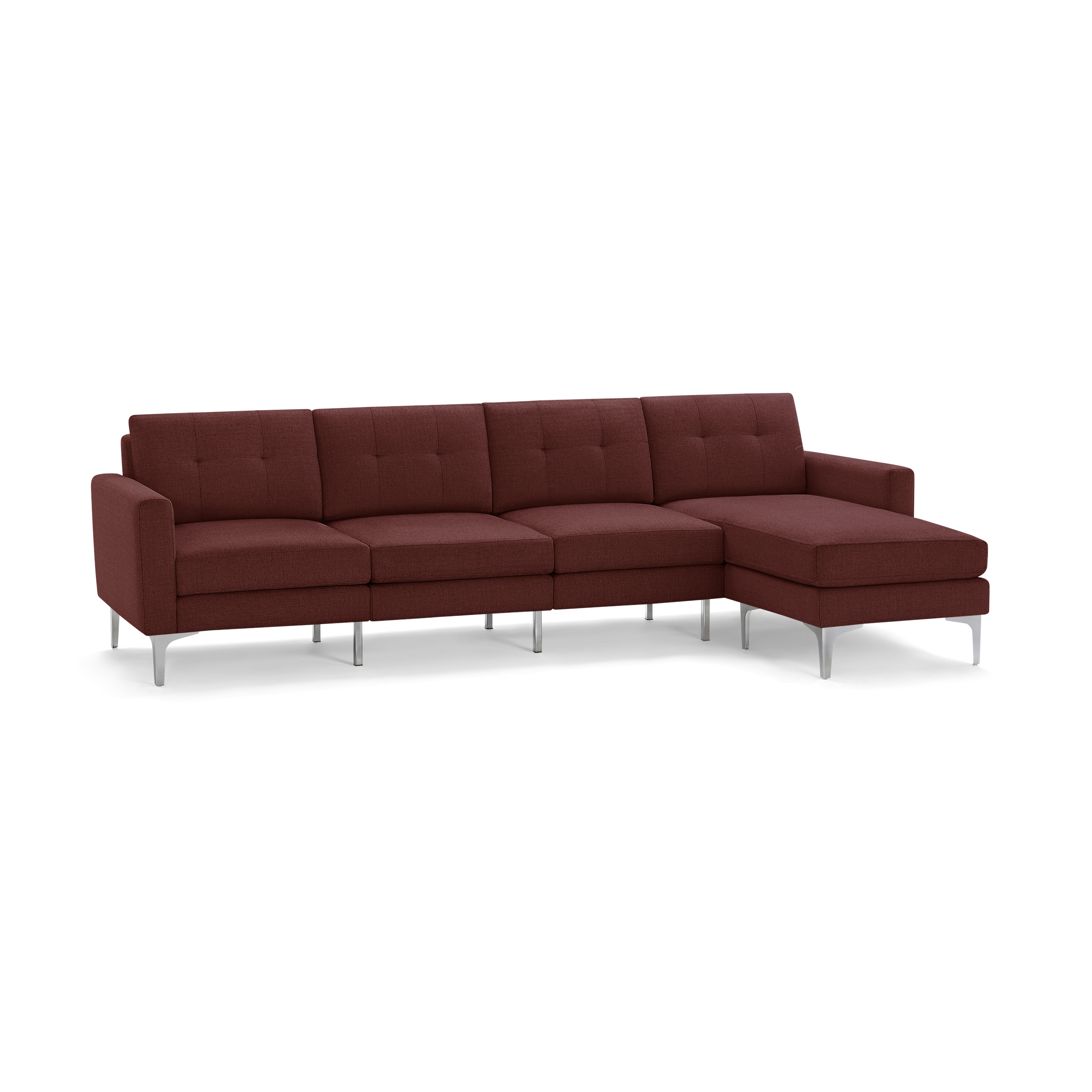 Modern L-shaped sectional sofa in deep red fabric with tufted cushions and sleek silver metal legs, designed for spacious comfort.
