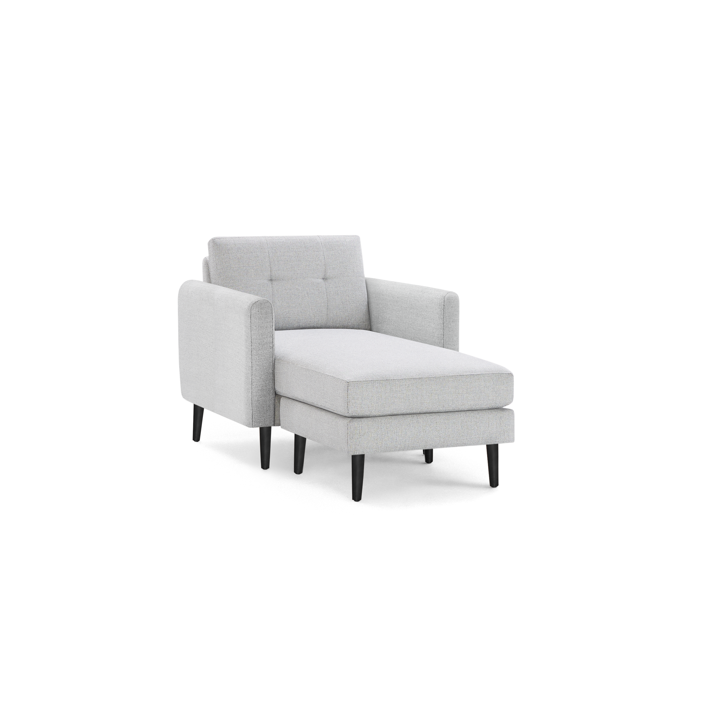 Light gray upholstered chaise lounge chair with tufted backrest, smooth seat cushion, armrests, and tapered dark wooden legs.