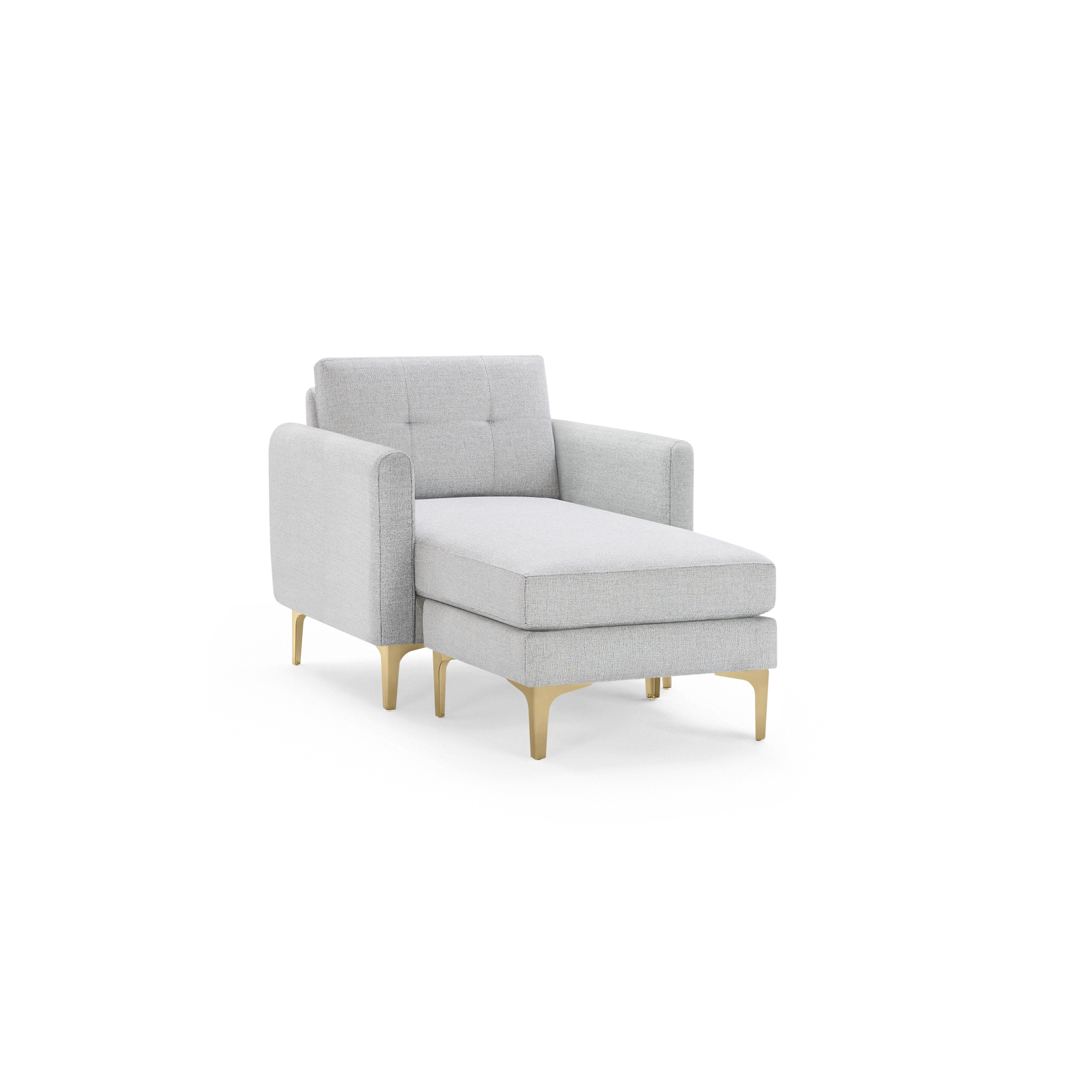 Light gray upholstered chaise lounge chair with tufted backrest and gold metal legs, combining comfort and modern style.