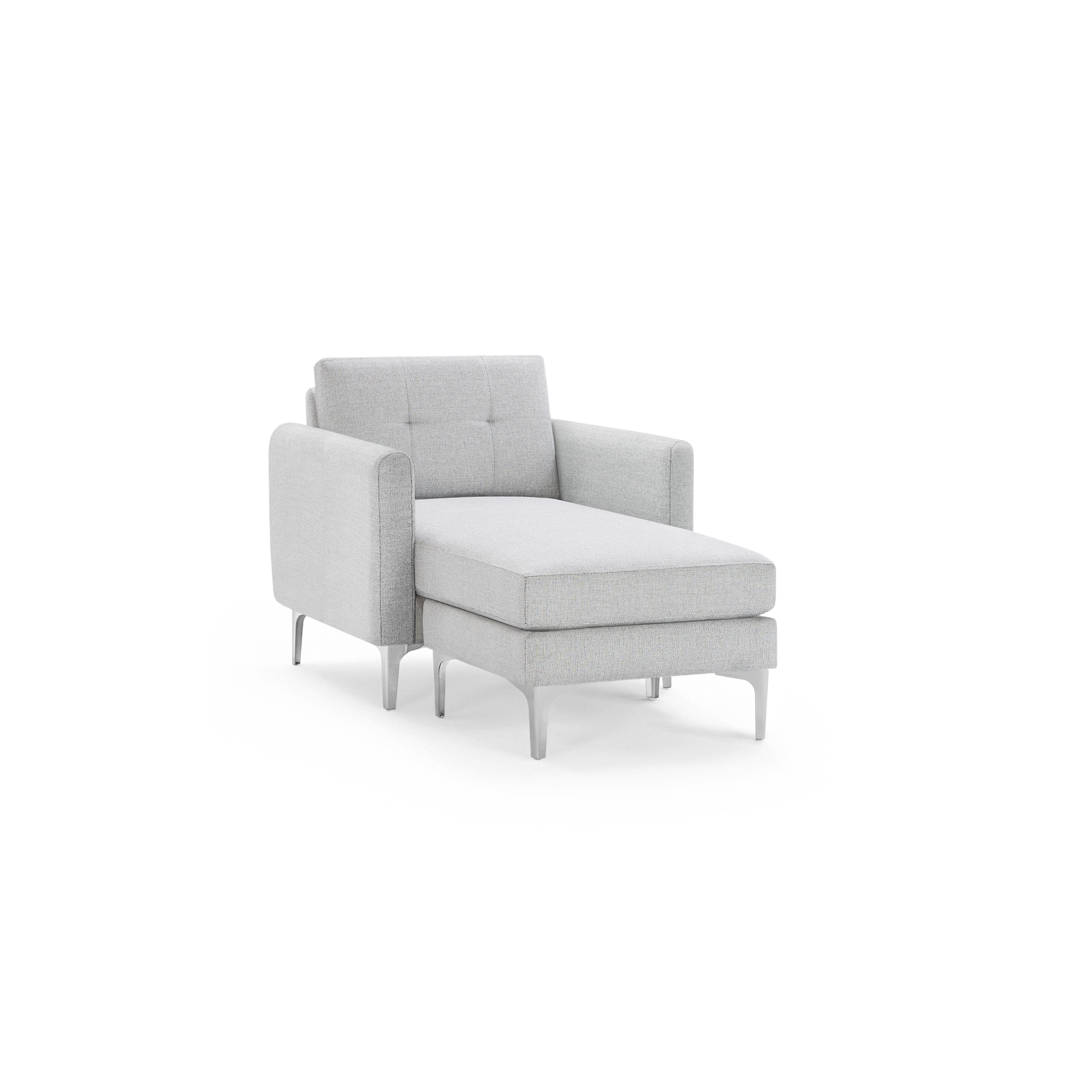 Light gray upholstered single arm chaise lounge with tufted backrest and slim, tapered legs.