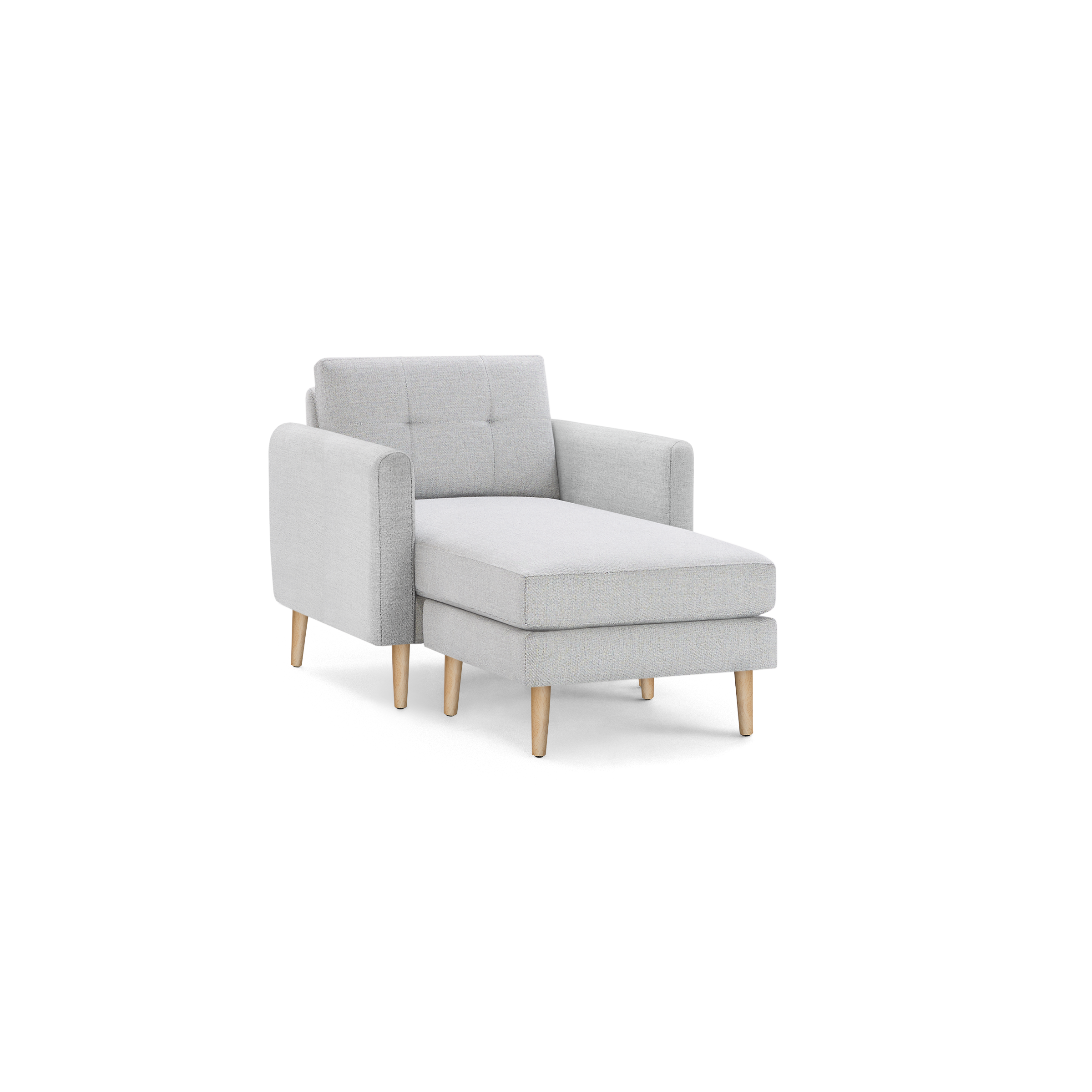 Light gray fabric chaise lounge with wooden tapered legs and cushioned armrests against a plain black background.