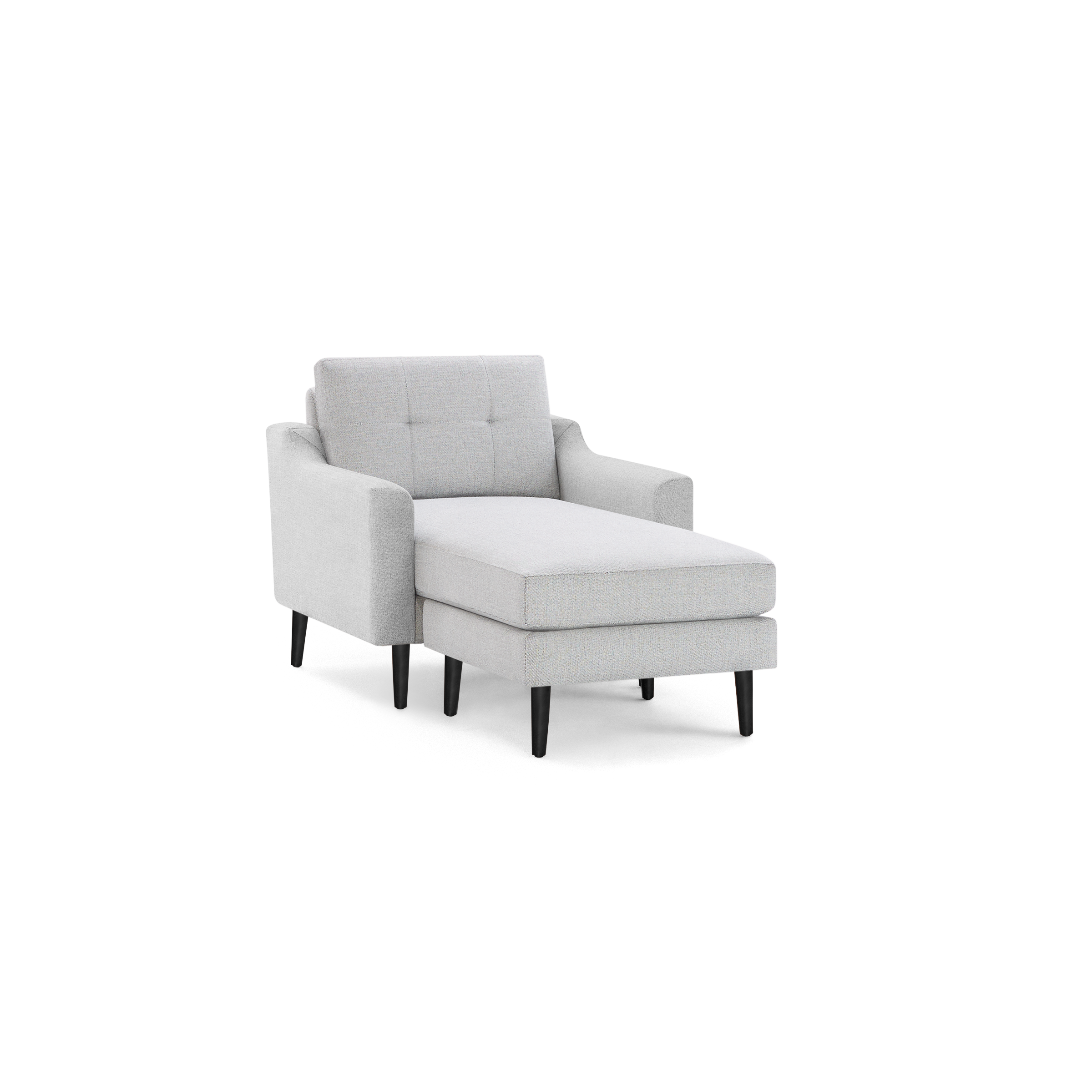 Light gray upholstered chaise lounge chair with tufted backrest, armrests, and black tapered wooden legs.