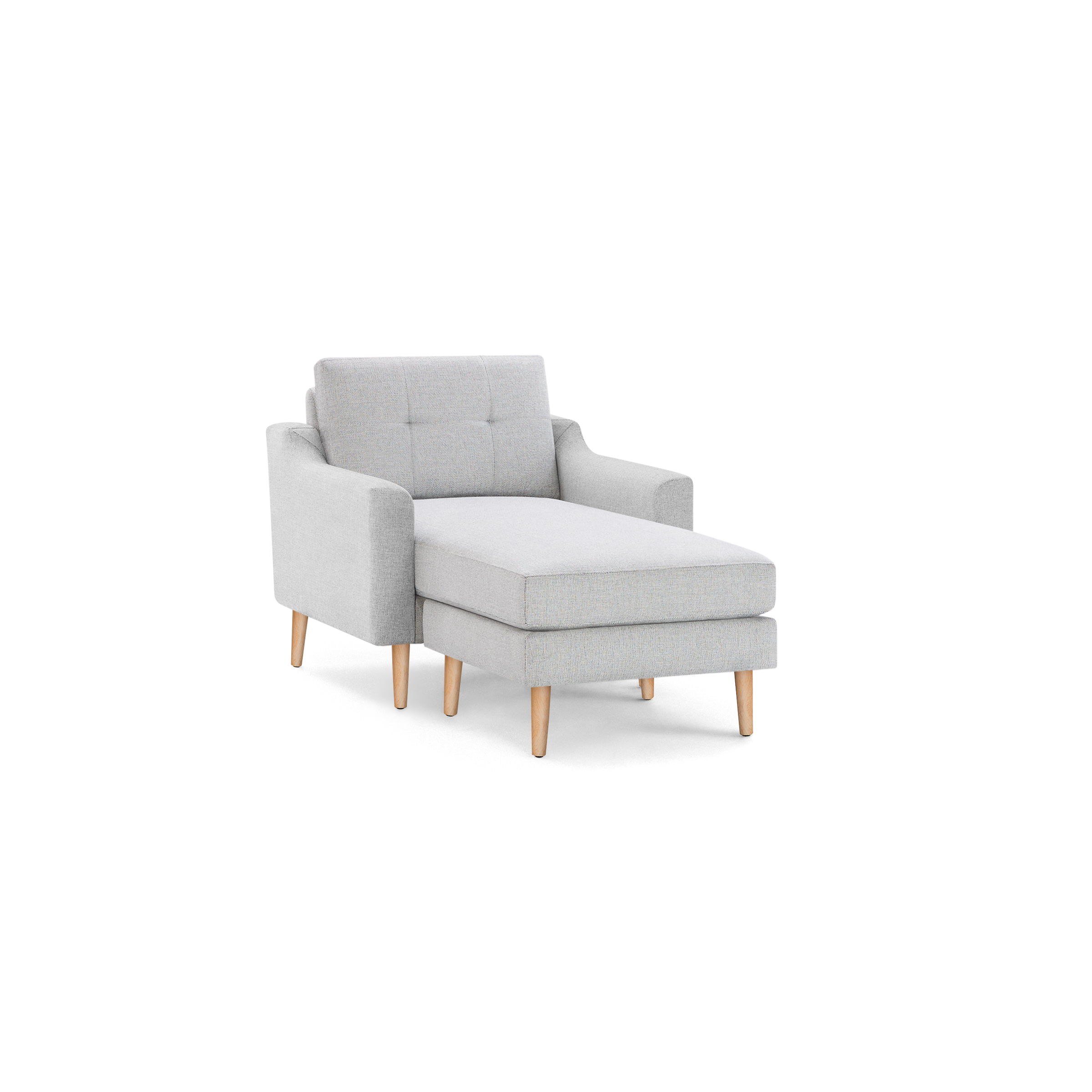 Light gray upholstered chaise lounge chair with tufted backrest, armrests, and natural wooden legs.