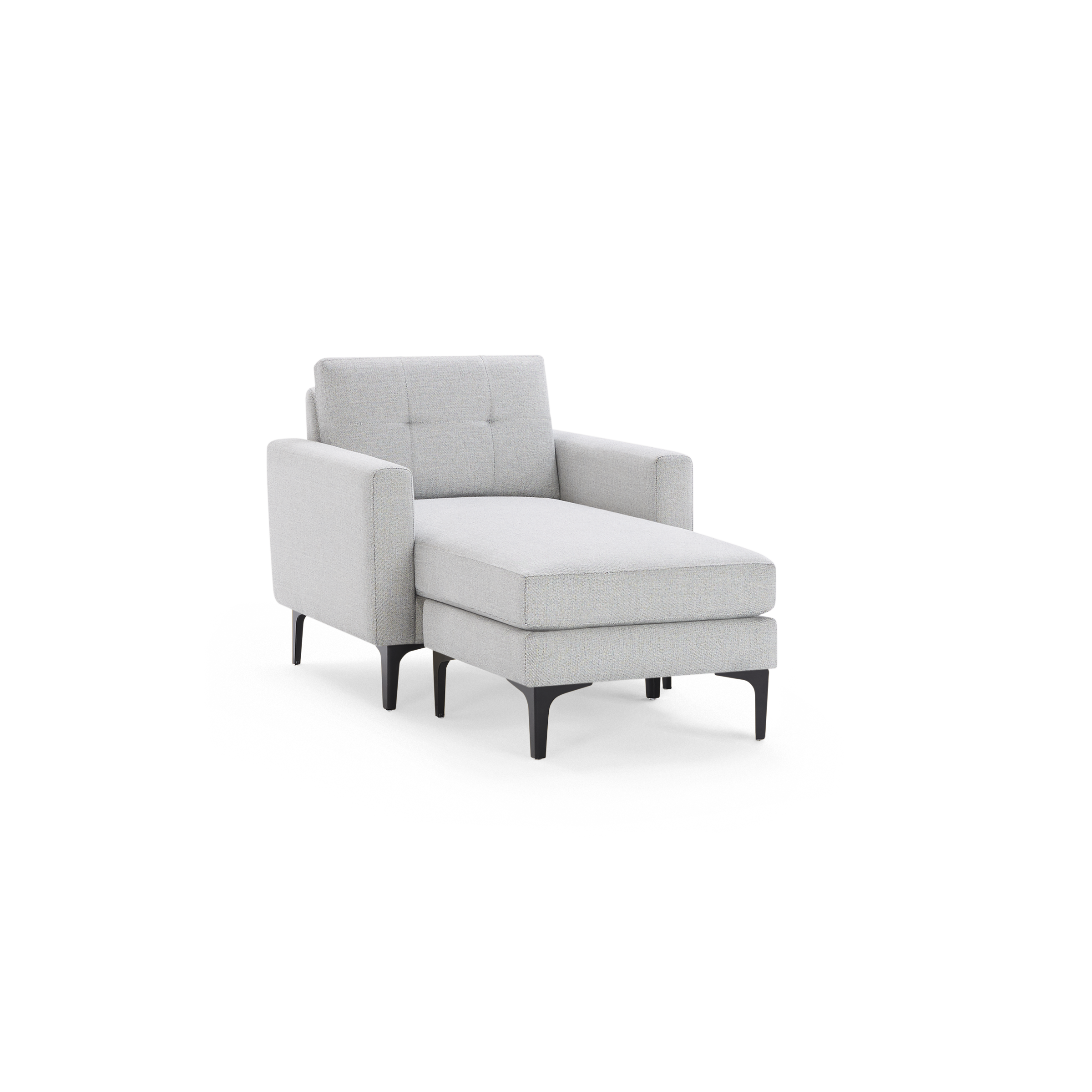 Modern light gray upholstered chaise lounge chair with tufted backrest, armrests, and black metal legs.