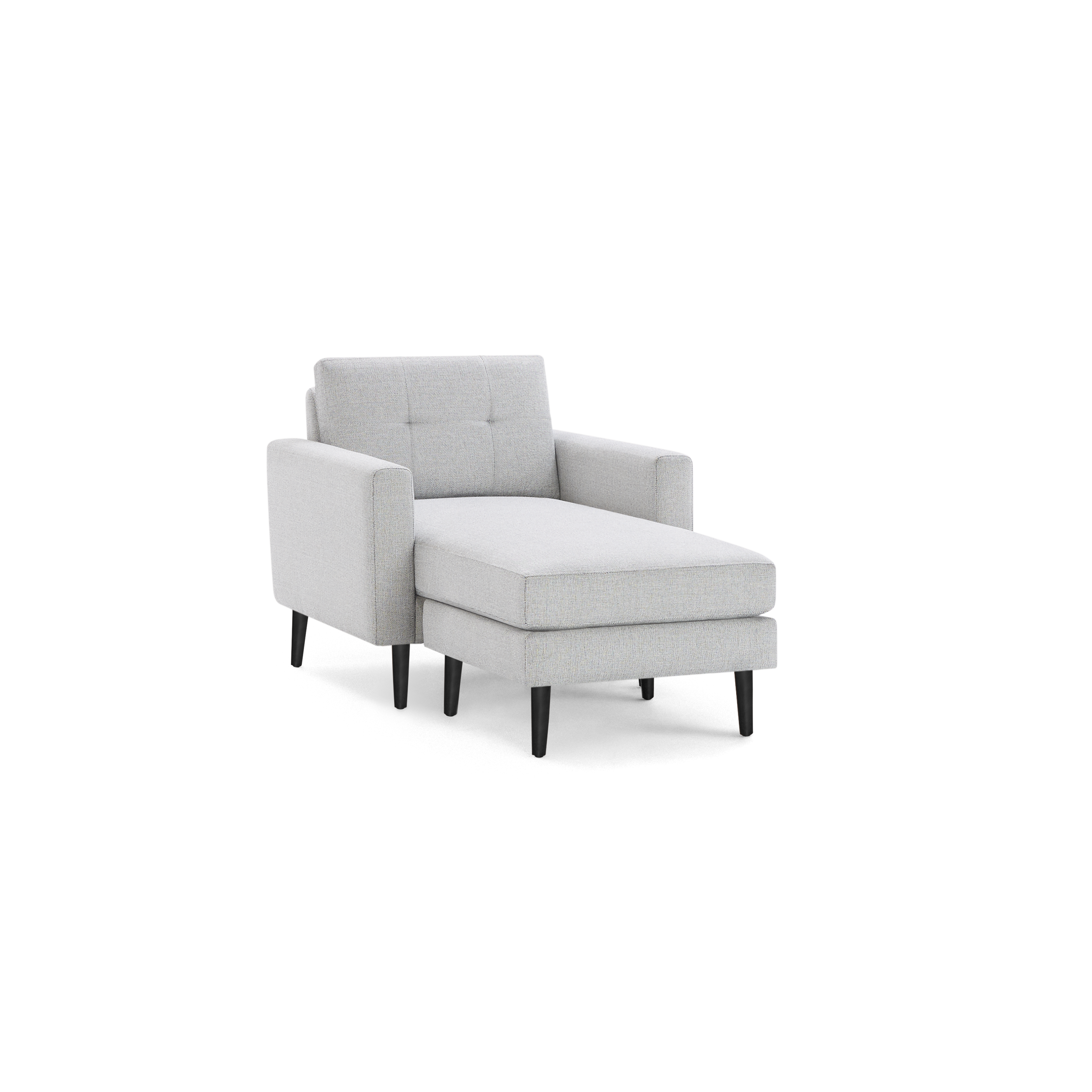 Light gray fabric chaise lounge chair with tufted backrest, straight armrests, and black tapered wooden legs.