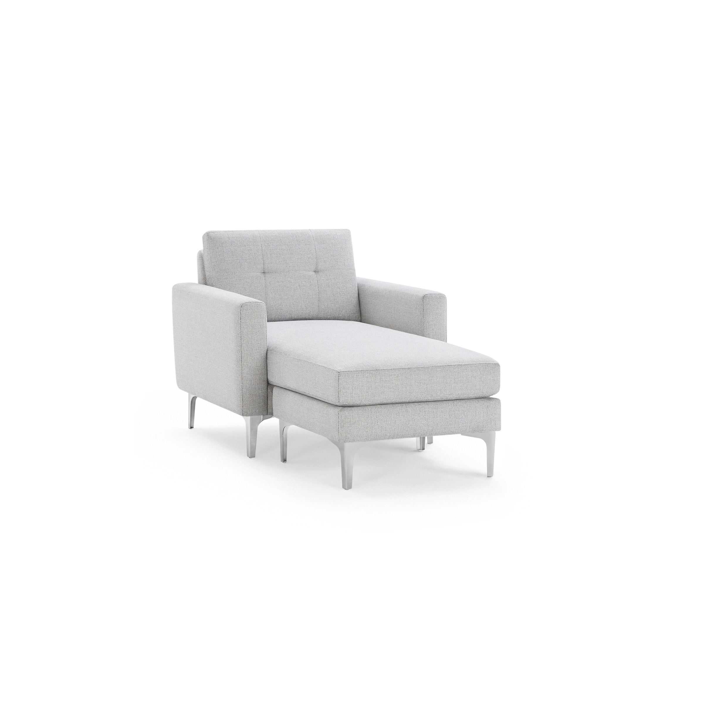Light gray upholstered chaise lounge chair with tufted backrest, square armrests, and slim metal legs.