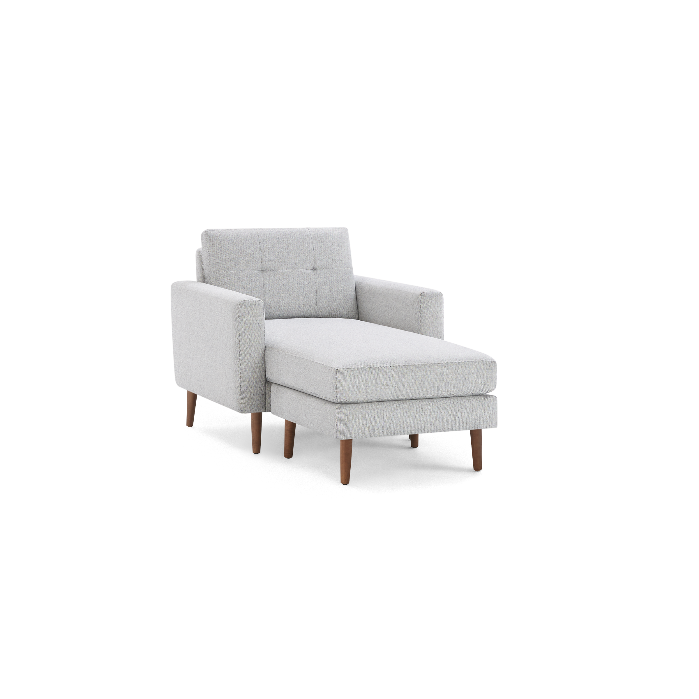 Light grey upholstered chaise lounge chair with wooden legs and tufted backrest, modern and minimalist design.
