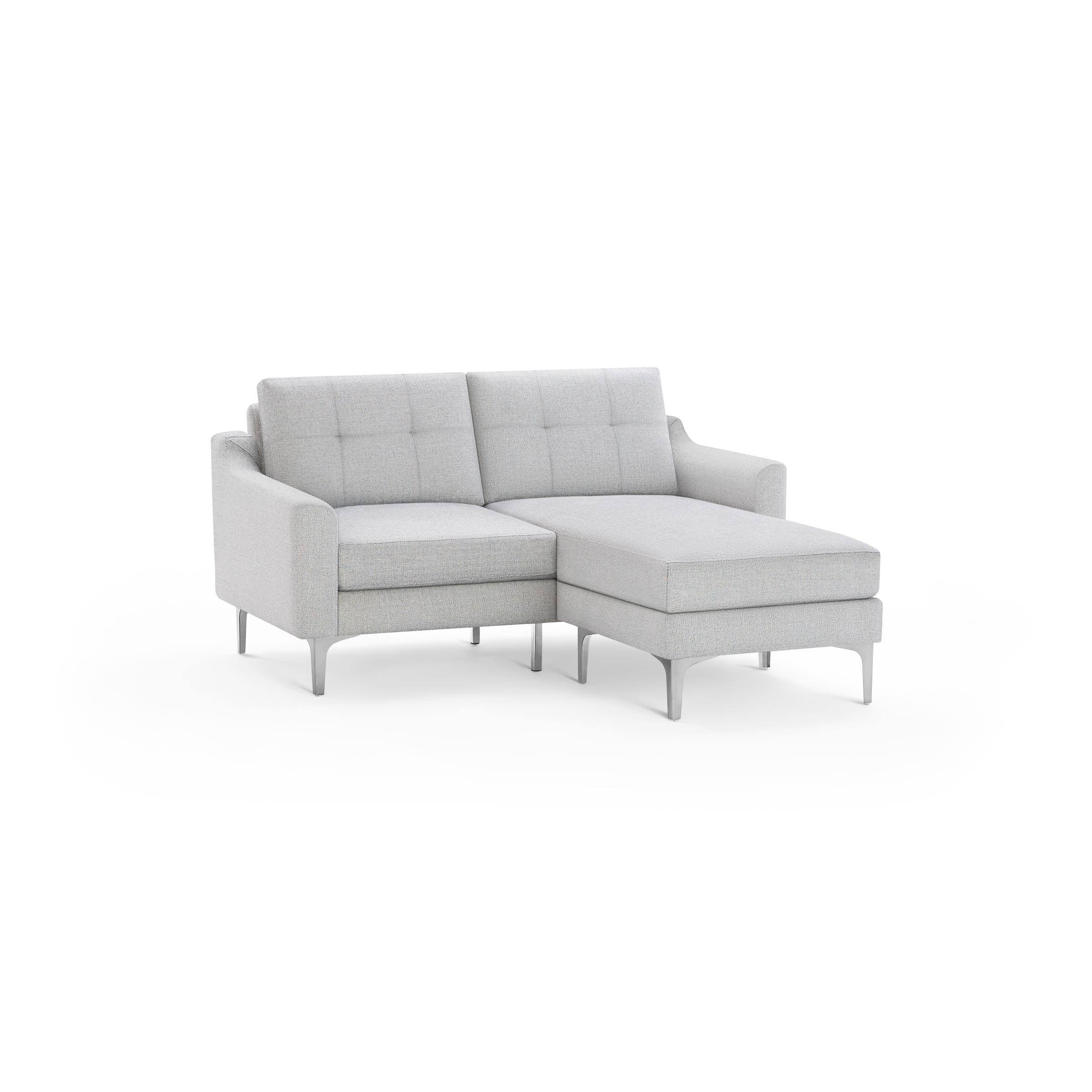 Light gray modern sectional sofa with tufted back cushions, armrests, and metal legs, featuring a chaise lounge on the right side.