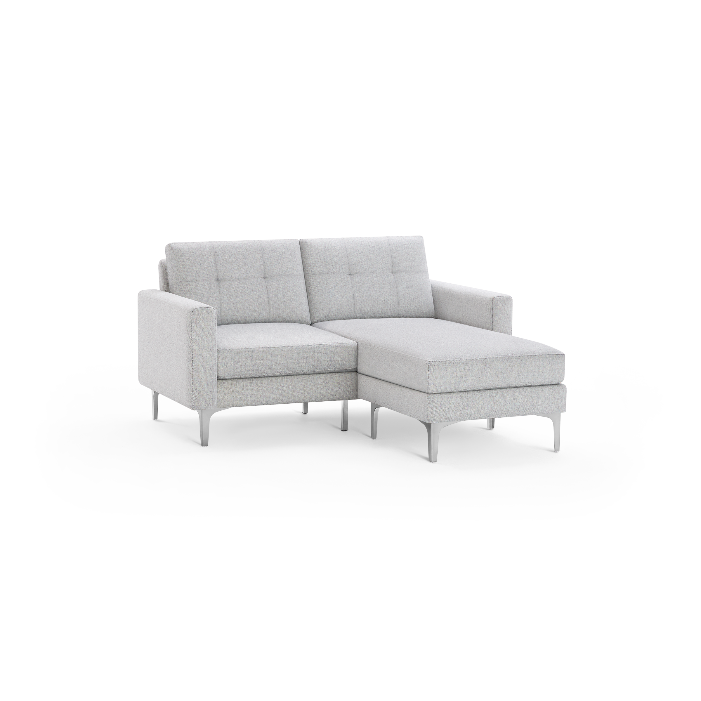 Light gray modern sectional sofa with tufted back cushions, straight arms, and metal legs, featuring a chaise lounge on right side.