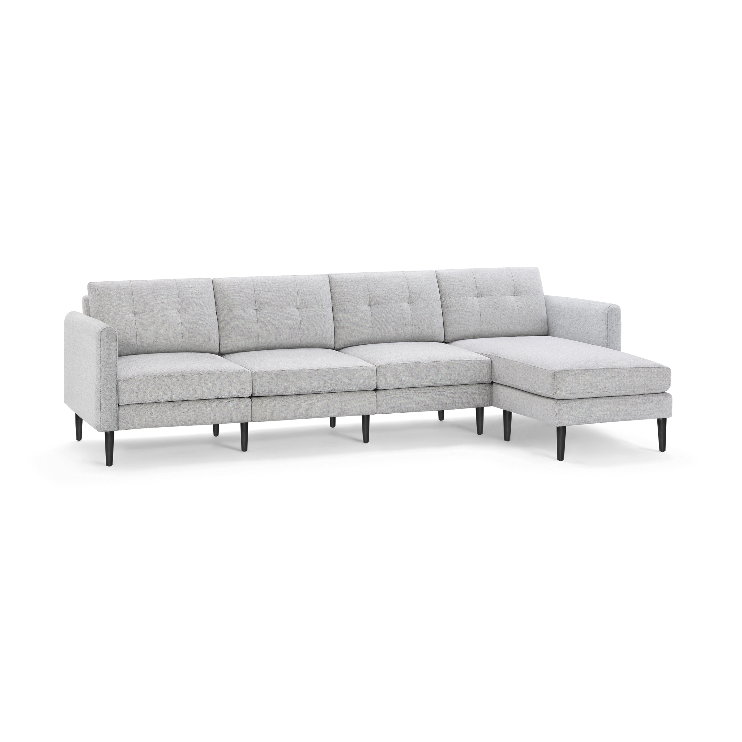Light gray modern sectional sofa with tufted back cushions, straight arms, and black tapered legs, featuring a right-side chaise lounge.