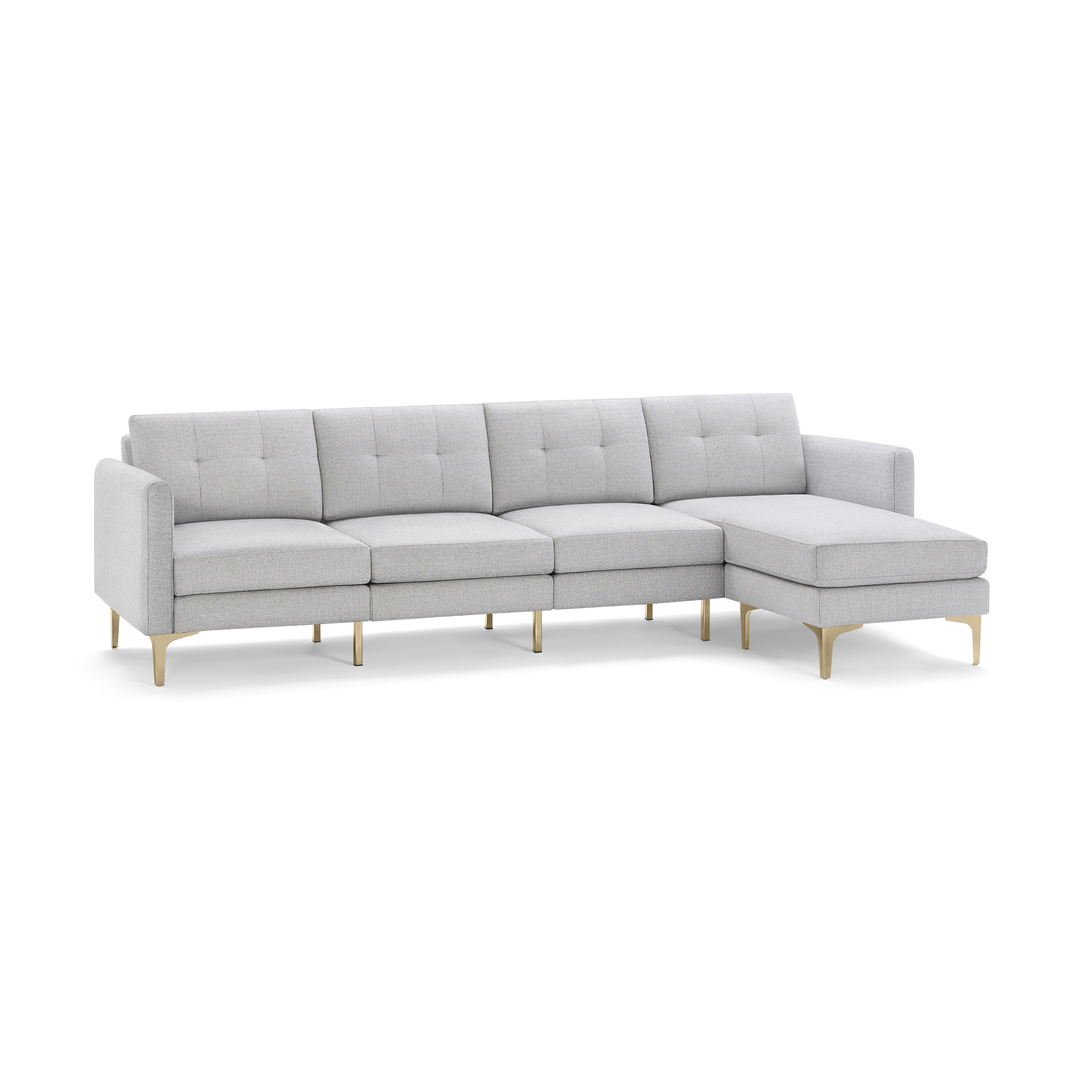 Light gray modern sectional sofa with tufted back cushions and gold metal legs, featuring a right-side chaise lounge.