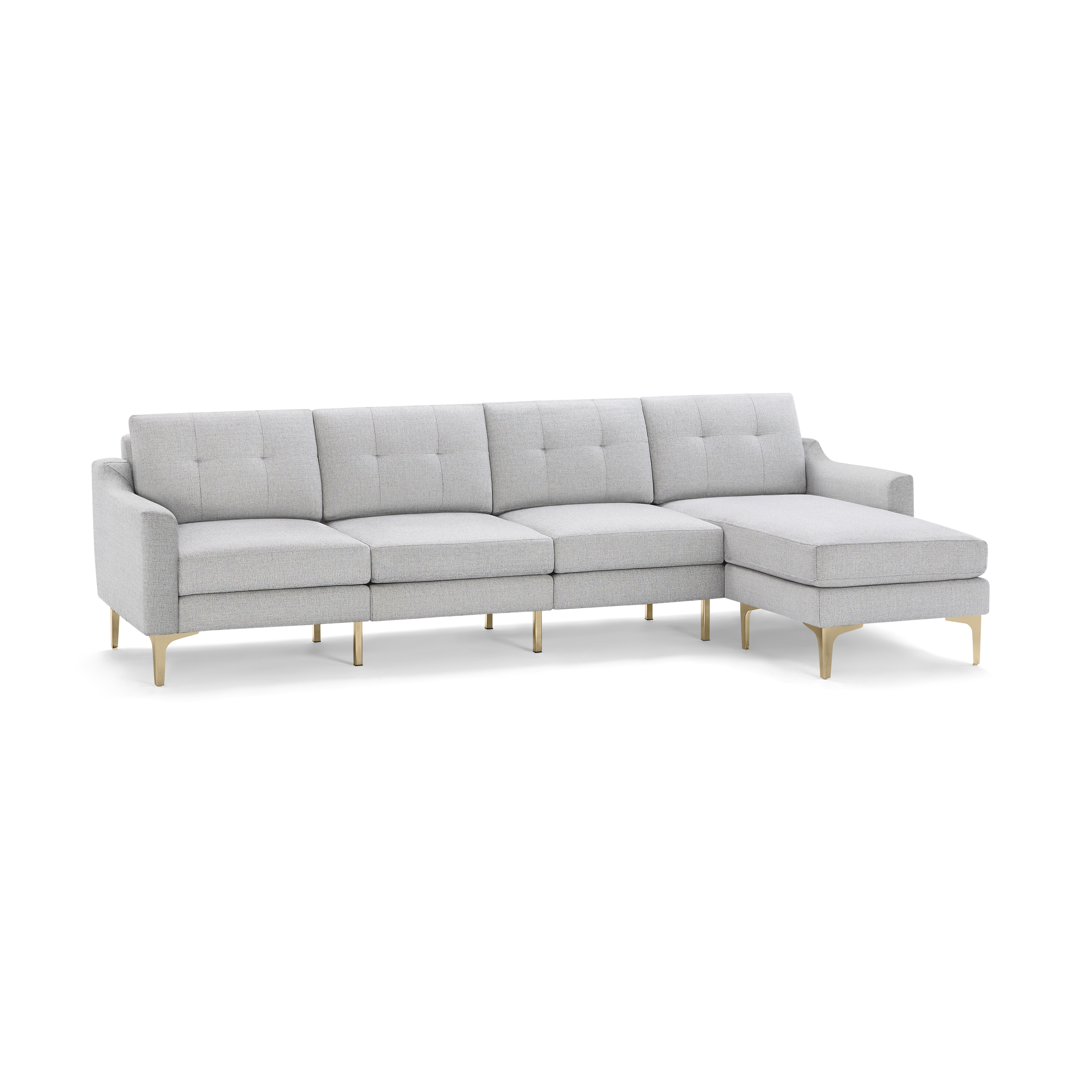Light gray modern sectional sofa with tufted back cushions, slim armrests, and gold-toned metal legs, featuring a right-side chaise lounge.