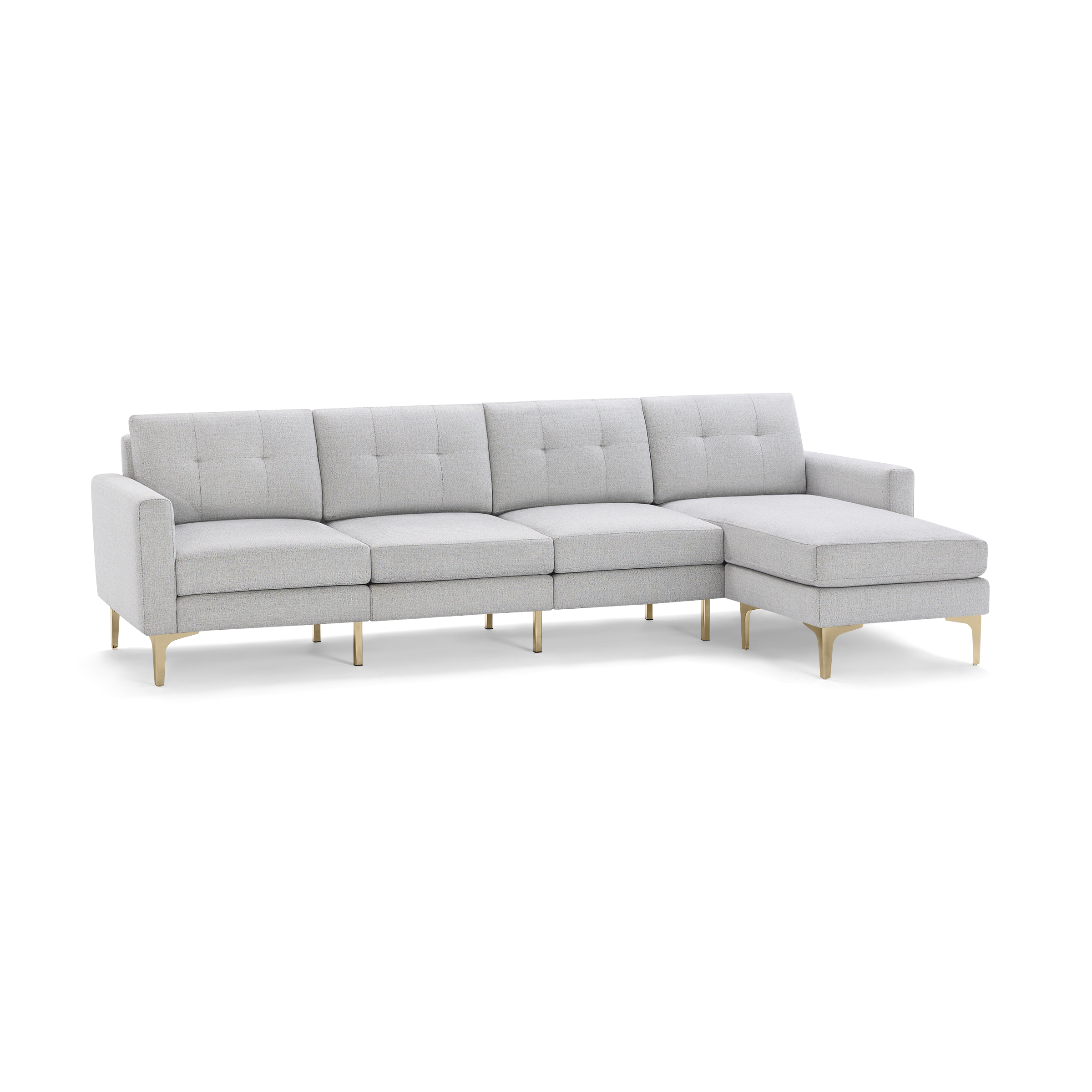 Light gray sectional sofa with tufted back cushions, slim armrests, and gold metal legs, featuring a right-side chaise lounge.