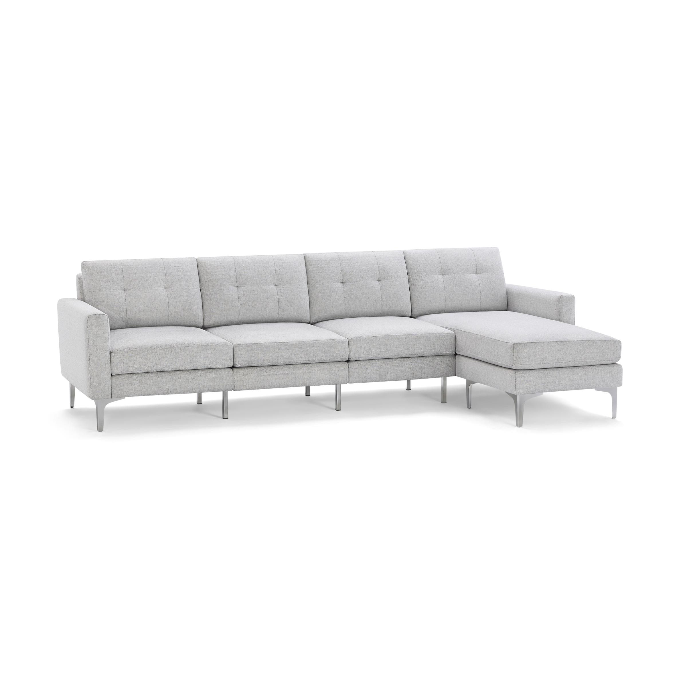 Light gray modern sectional sofa with button-tufted back cushions, metal legs, and a right-side chaise lounge.