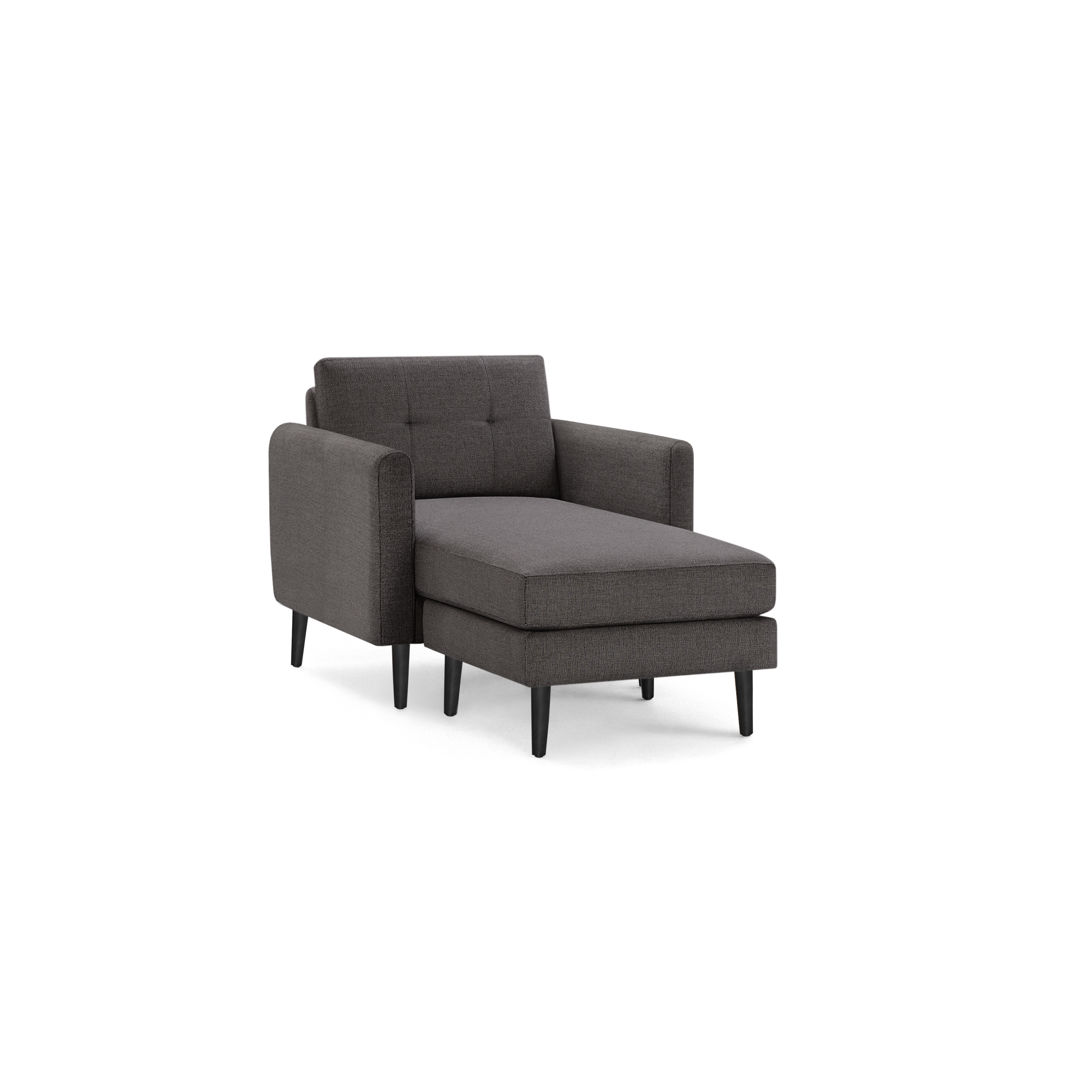 Gray fabric upholstered armchair with a chaise lounge extension, tufted backrest, and black wooden legs, shown against a black background.