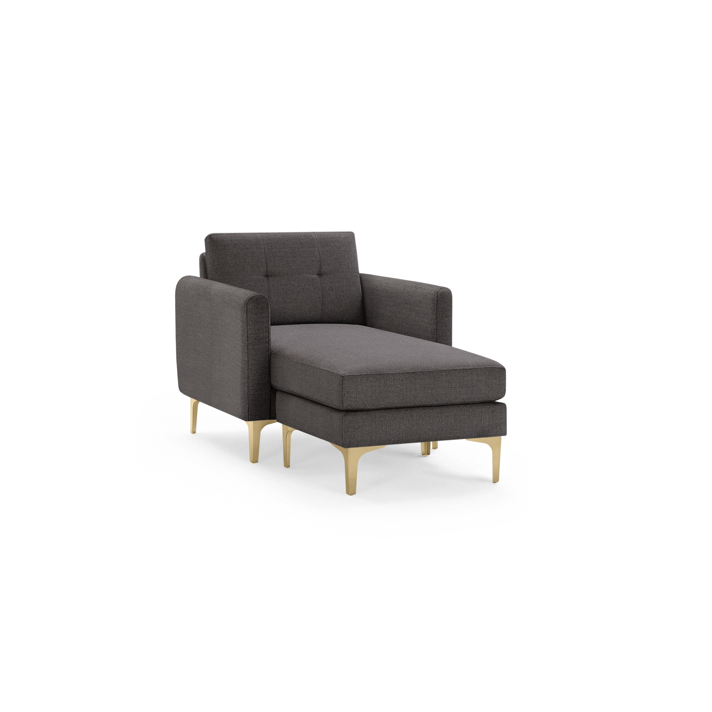 Modern dark gray upholstered chaise lounge with tufted backrest and gold metal legs, featuring a sleek and minimalist design.