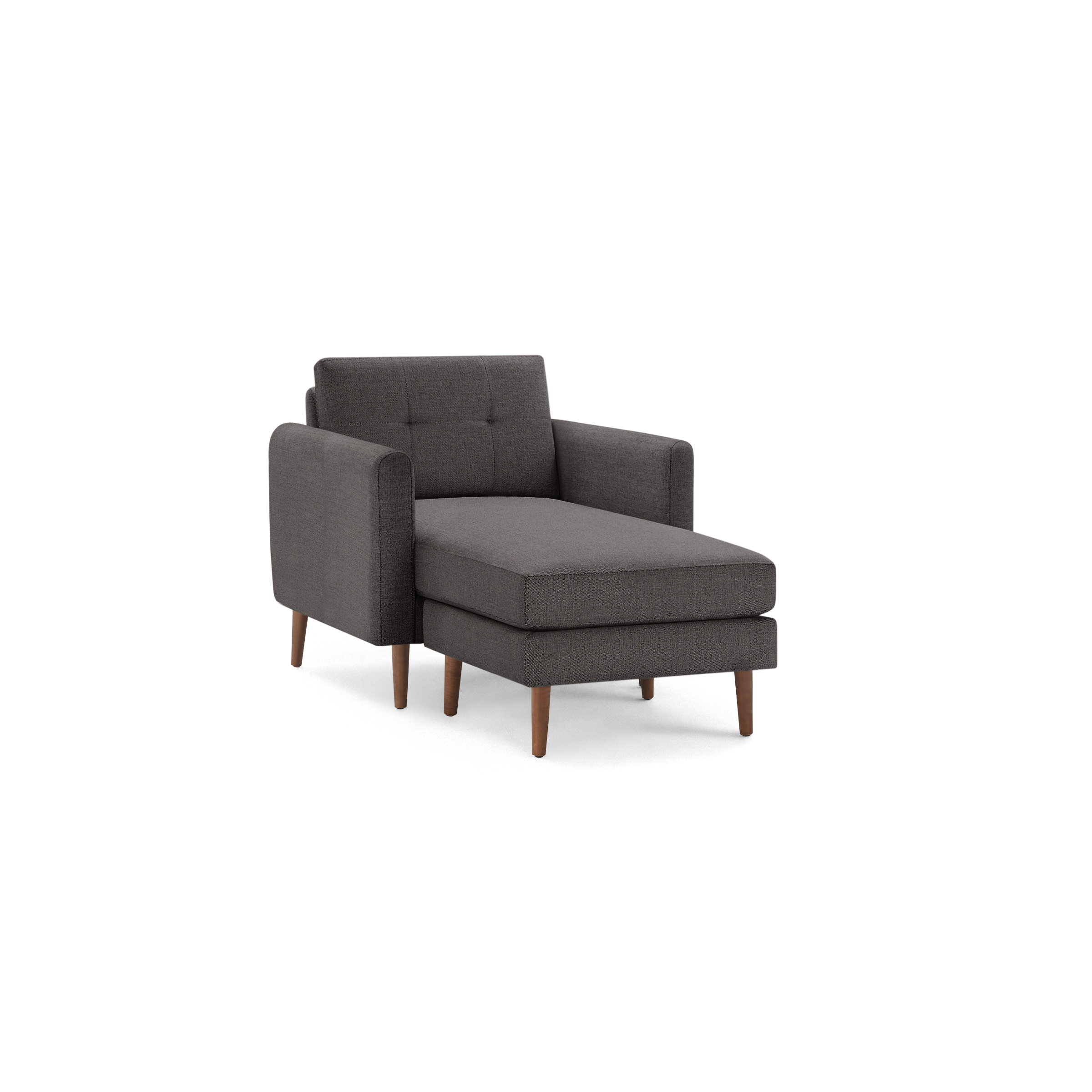 Modern dark gray chaise lounge chair with tufted backrest and wooden legs, designed for comfortable seating and relaxation.