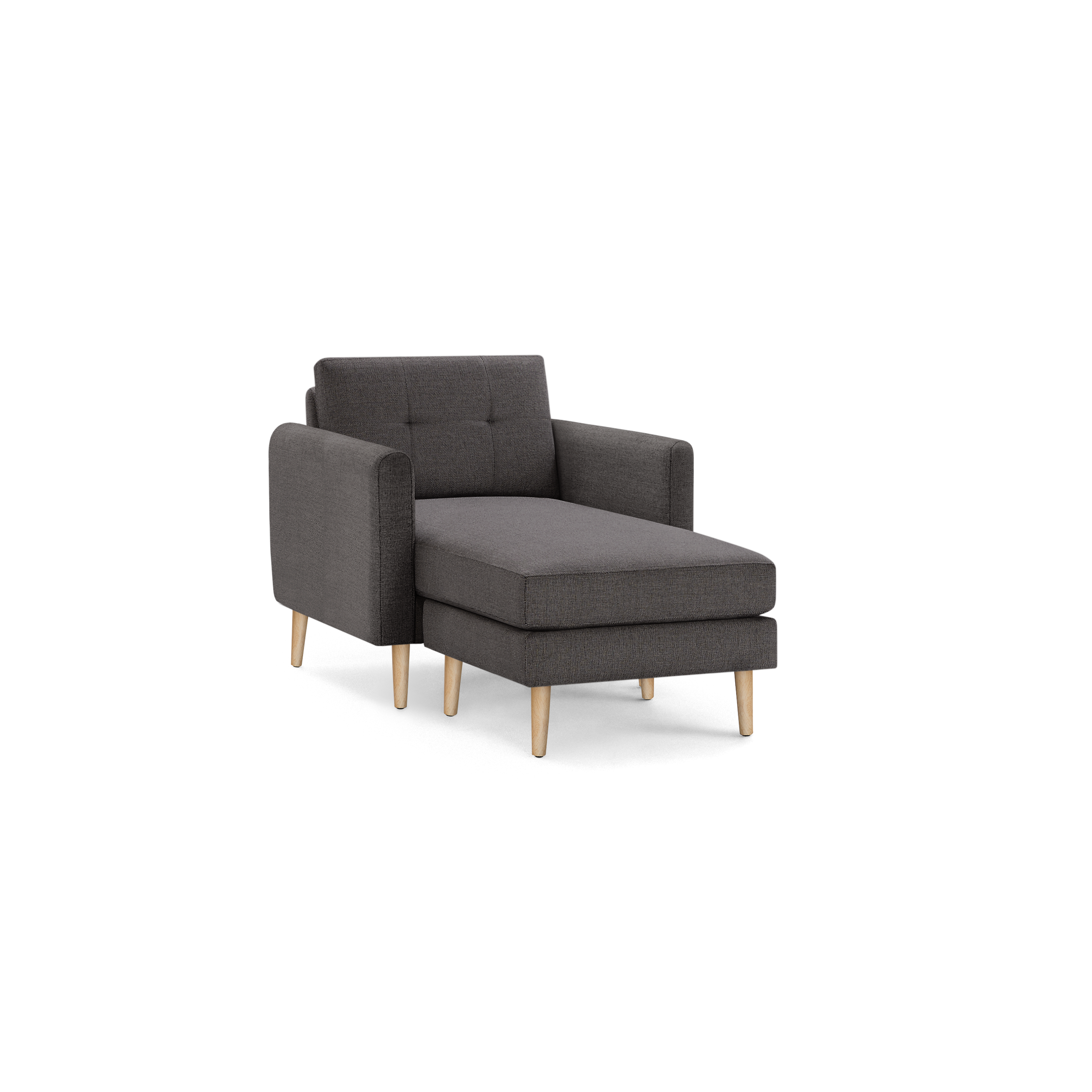 Dark gray upholstered chaise lounge with tufted backrest and light wooden legs, contemporary minimalist design.