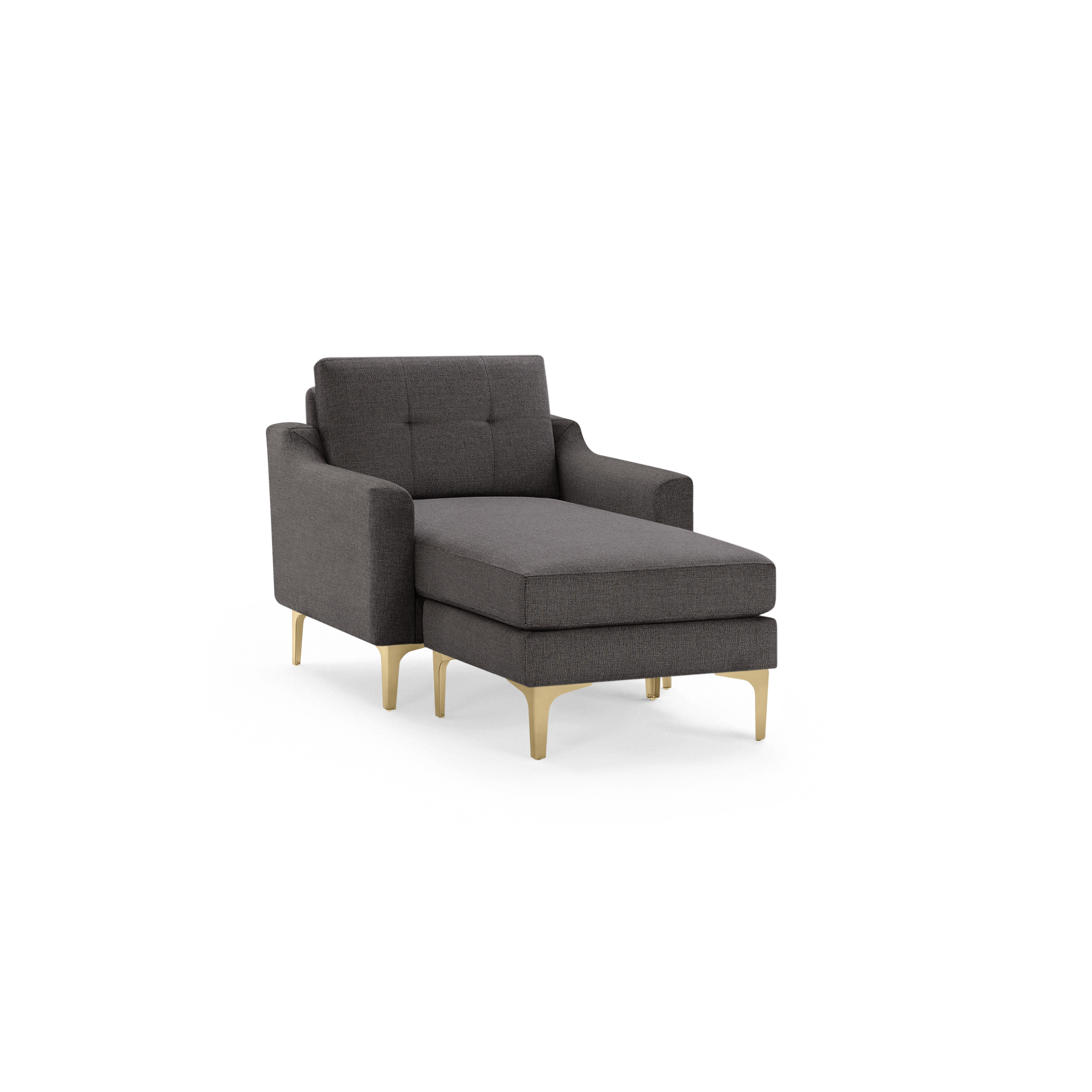 Modern dark gray fabric chaise lounge chair with tufted backrest, armrests, and gold-toned metal legs on black background.