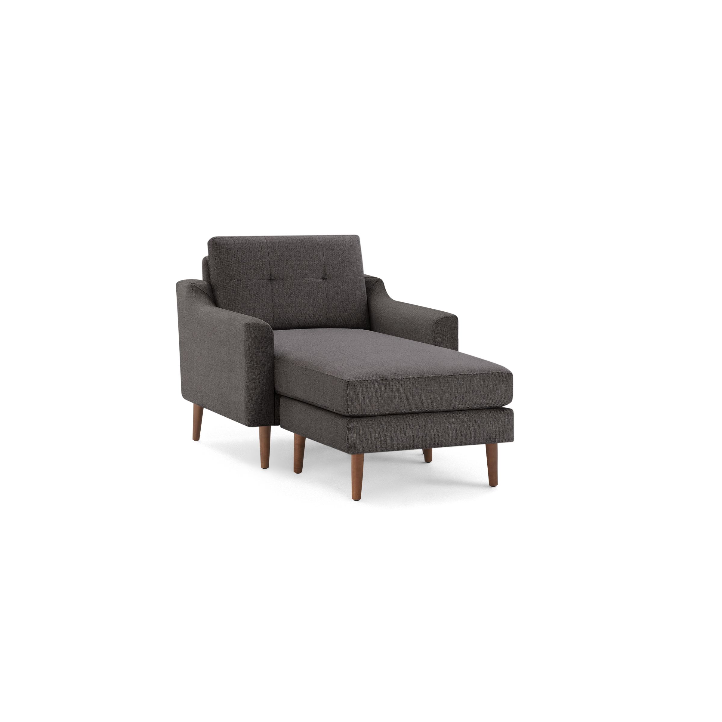 Modern dark gray fabric chaise lounge chair with tufted backrest and wooden legs, shown on a white background.