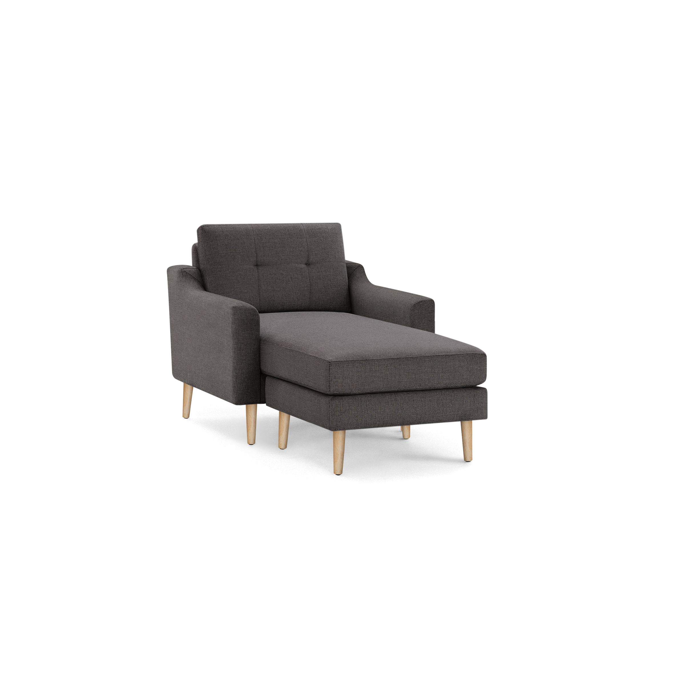 Dark gray upholstered chaise lounge chair with tufted backrest and light wooden legs, isolated on black background.