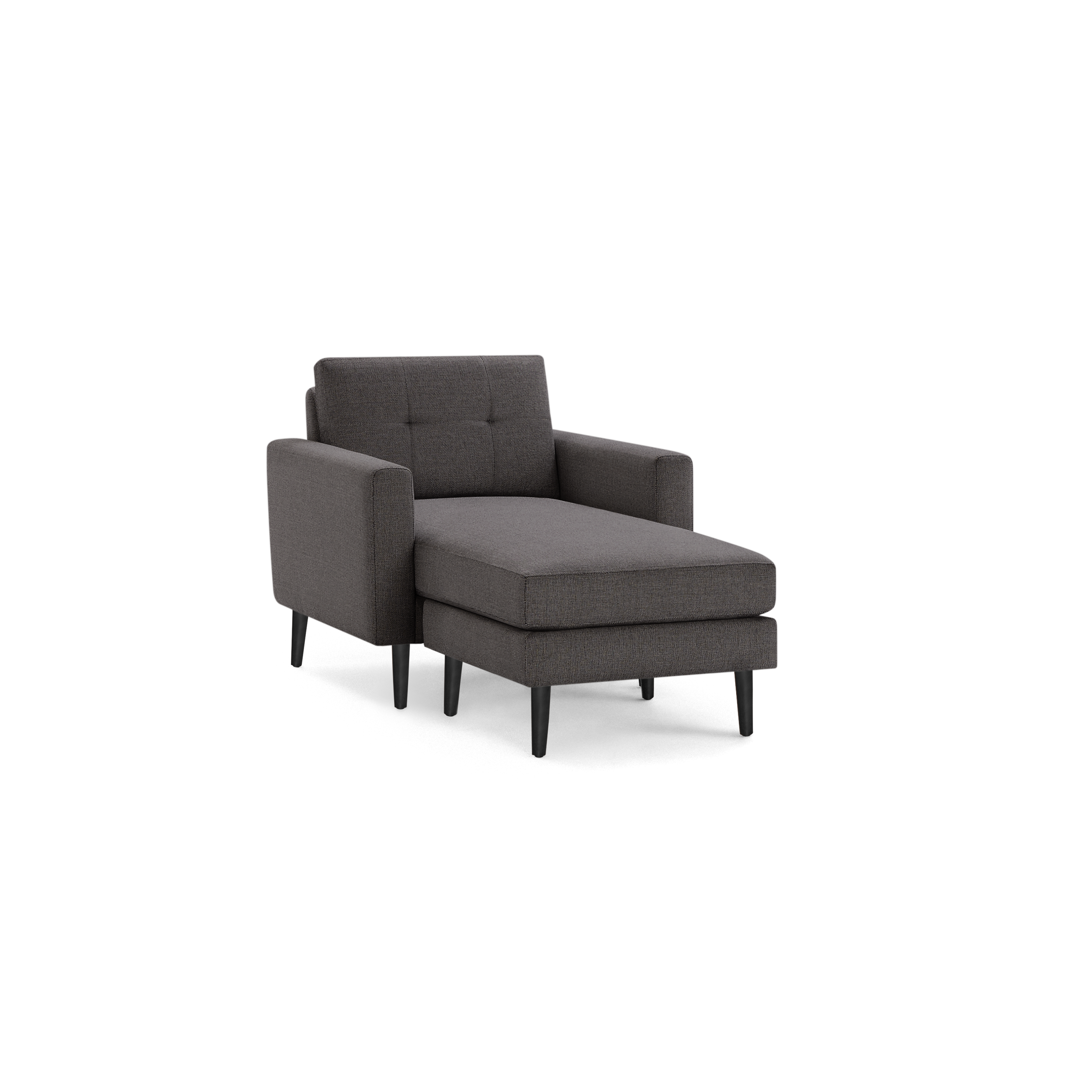 Modern dark gray upholstered chaise lounge chair with tufted backrest, rectangular armrests, and black slender wooden legs.