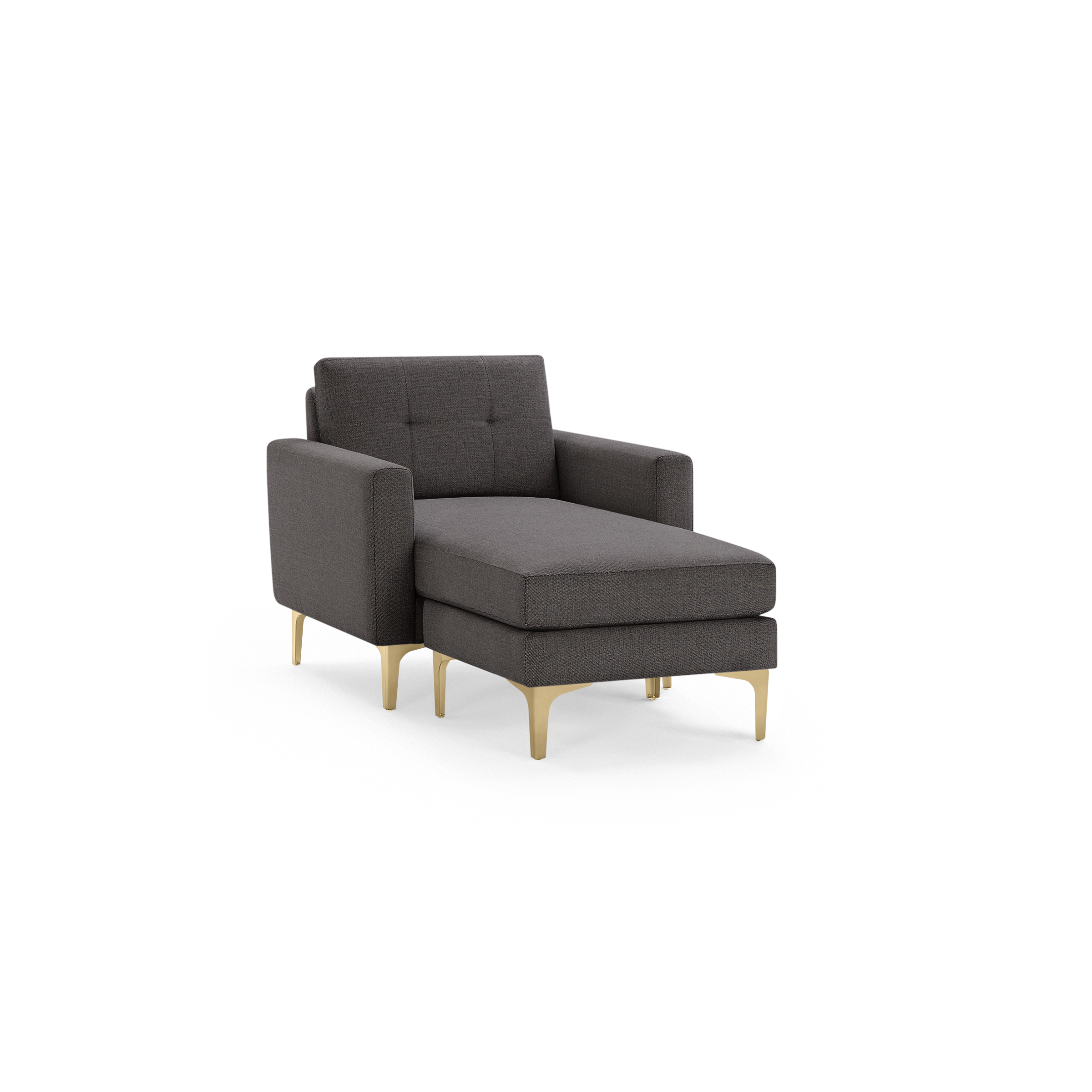 Modern dark gray chaise lounge chair with tufted backrest, straight armrests, and gold metal legs on black background.