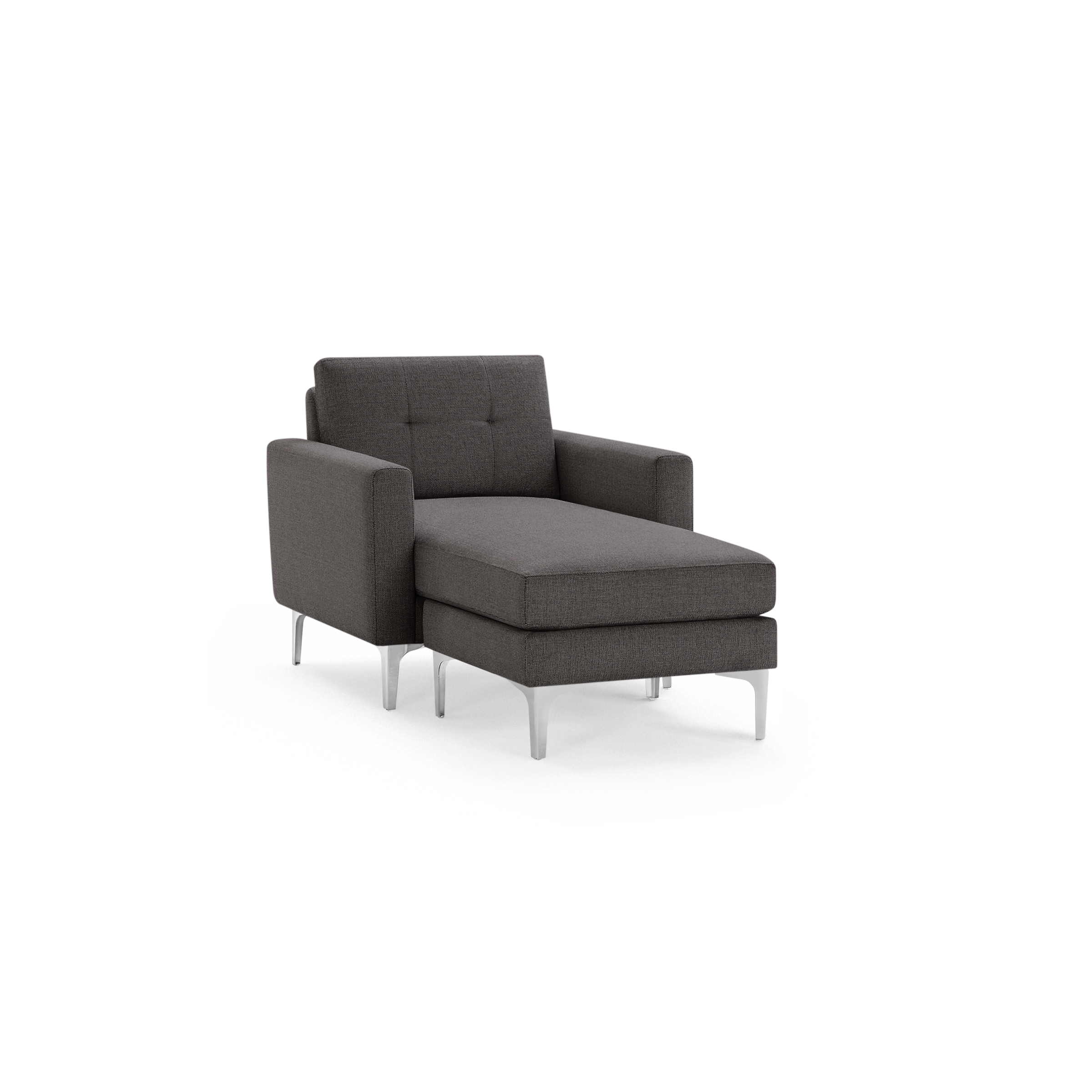 Dark gray upholstered chaise lounge with metal legs and tufted back cushion, featuring armrests on both sides.