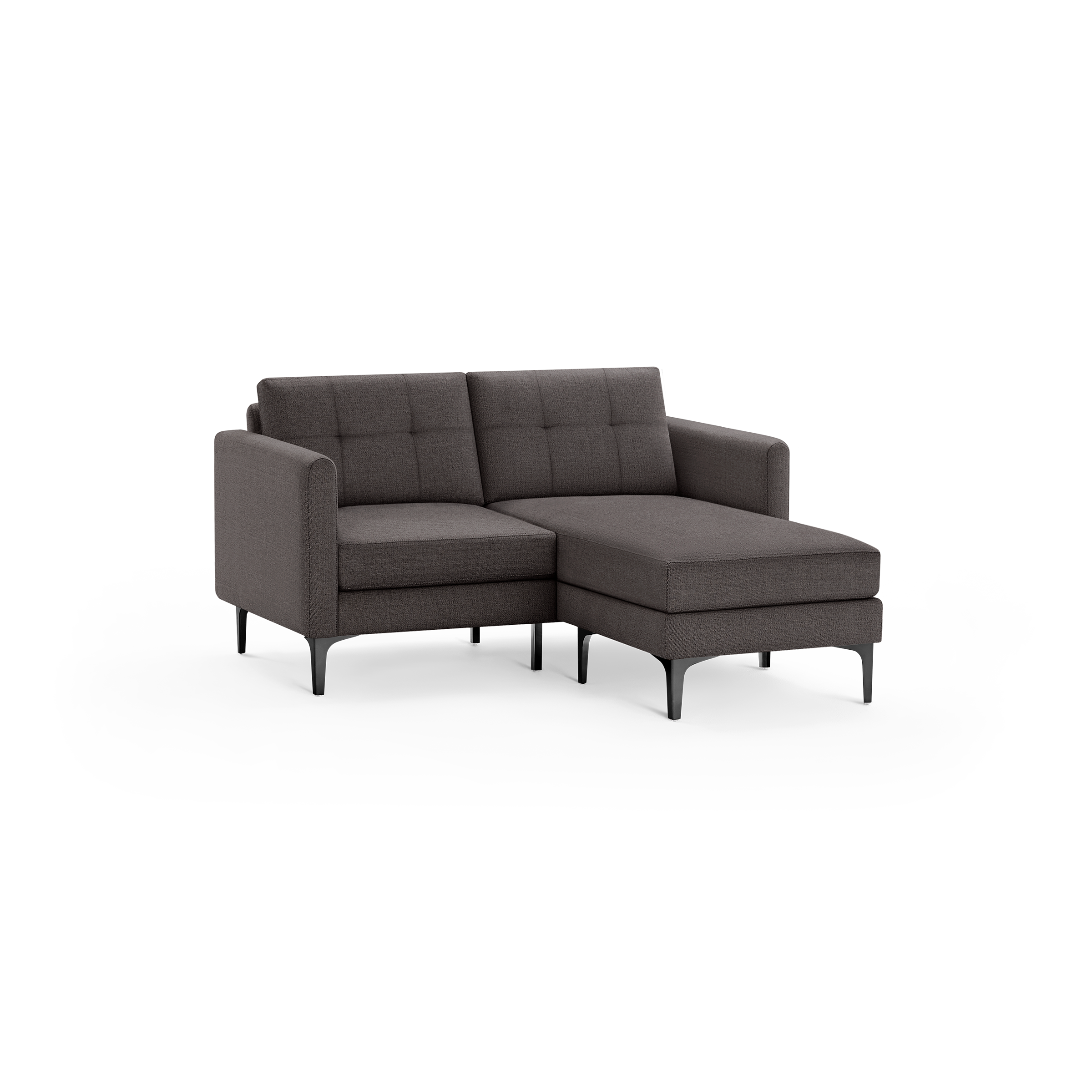 Dark gray fabric sectional sofa with right-side chaise, tufted back cushions, straight arms, and tapered black legs.