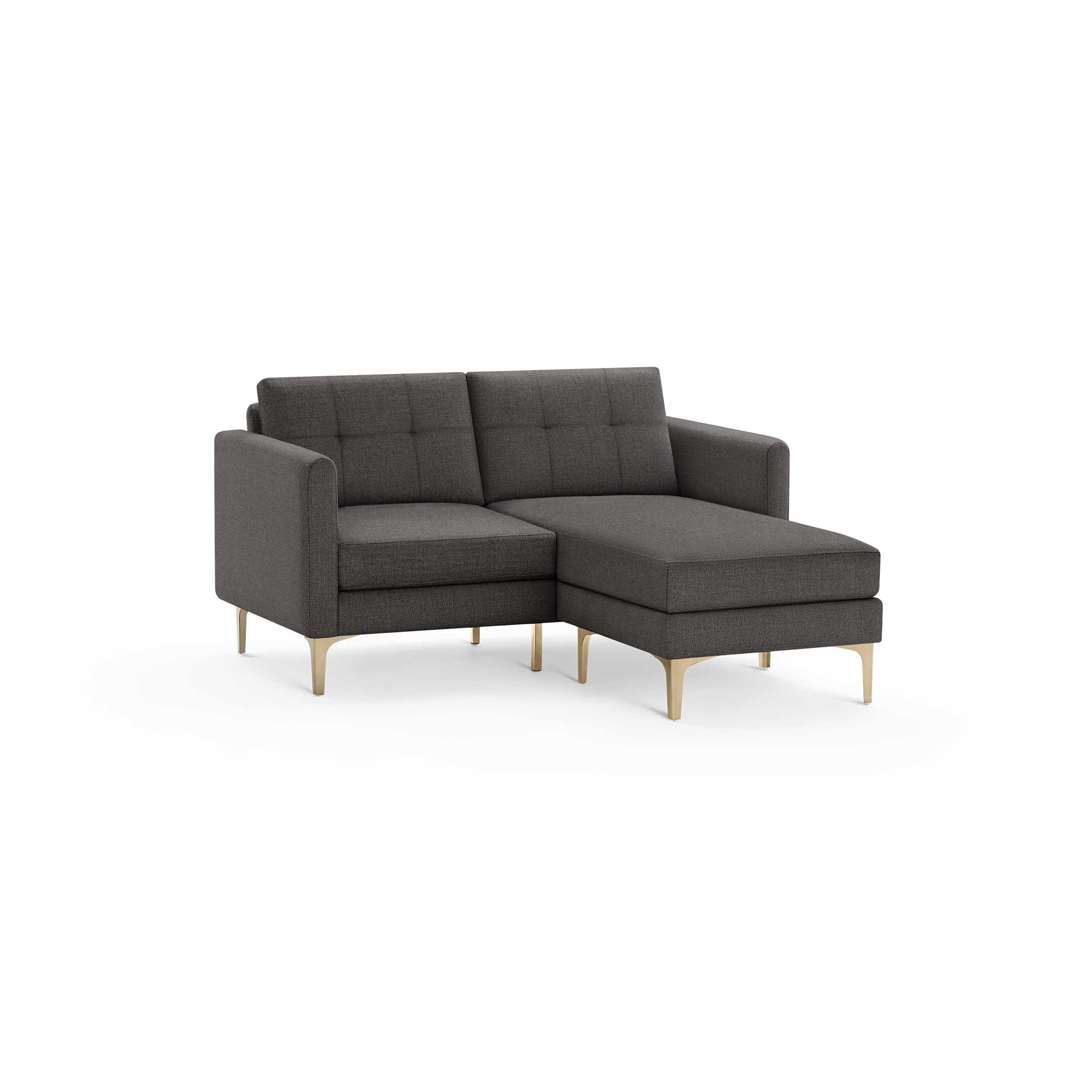Modern small sectional sofa with dark gray fabric upholstery and gold metal legs, featuring tufted back cushions and a chaise lounge on the right side.