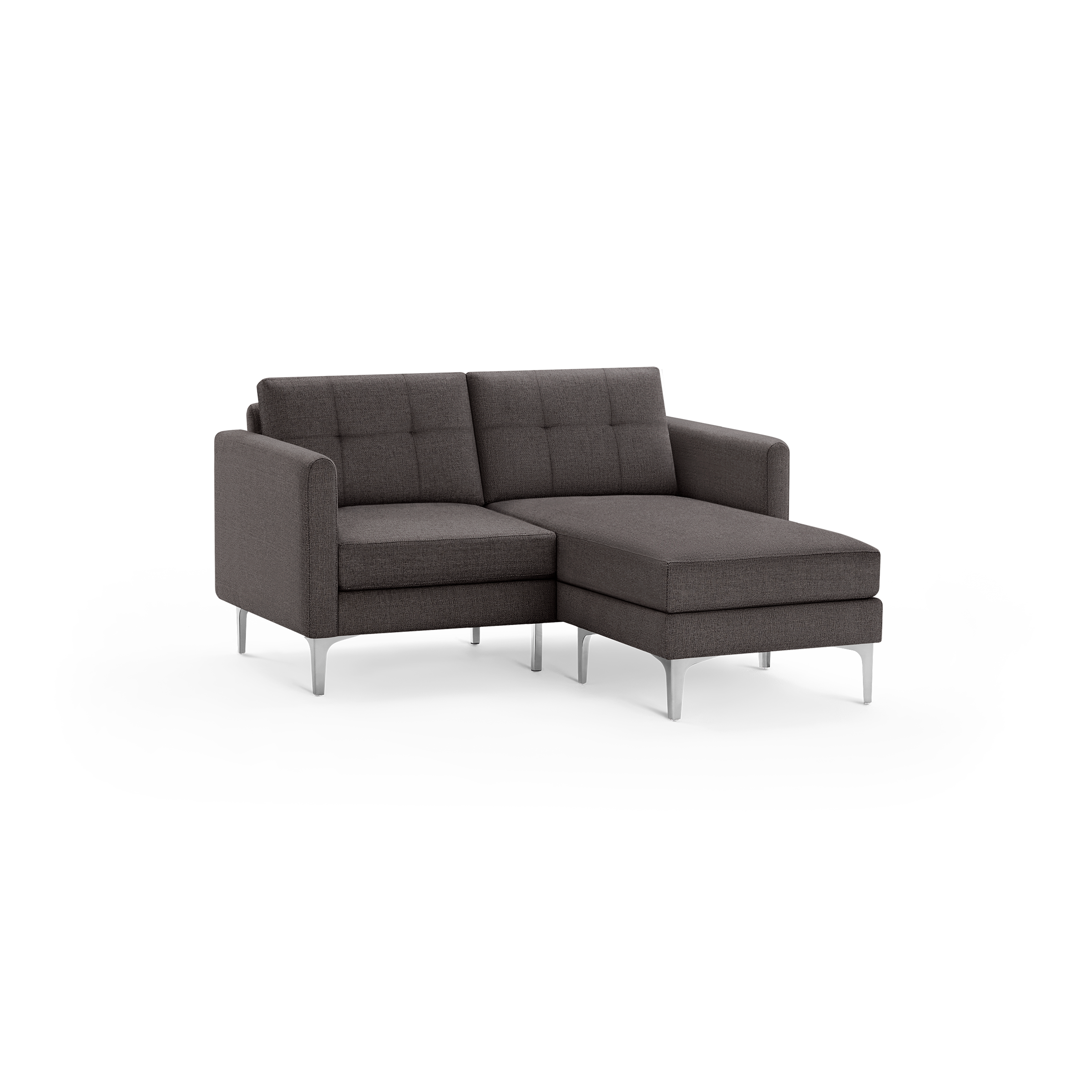 Dark gray fabric L-shaped sectional sofa with tufted back cushions and sleek metal legs, designed for modern living spaces.
