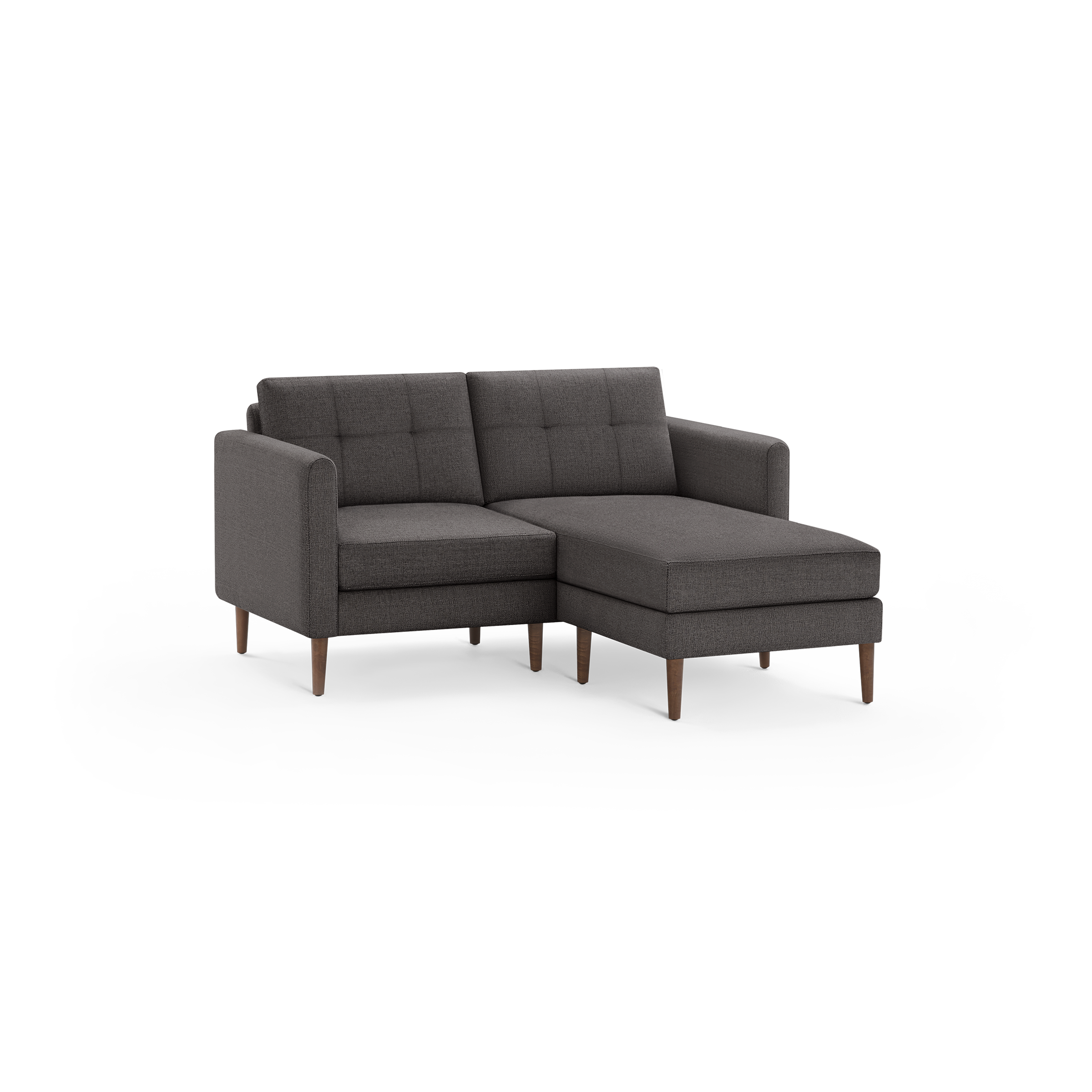 Dark gray fabric sectional loveseat with tufted back cushions and wooden tapered legs, featuring a chaise lounge on the right side.