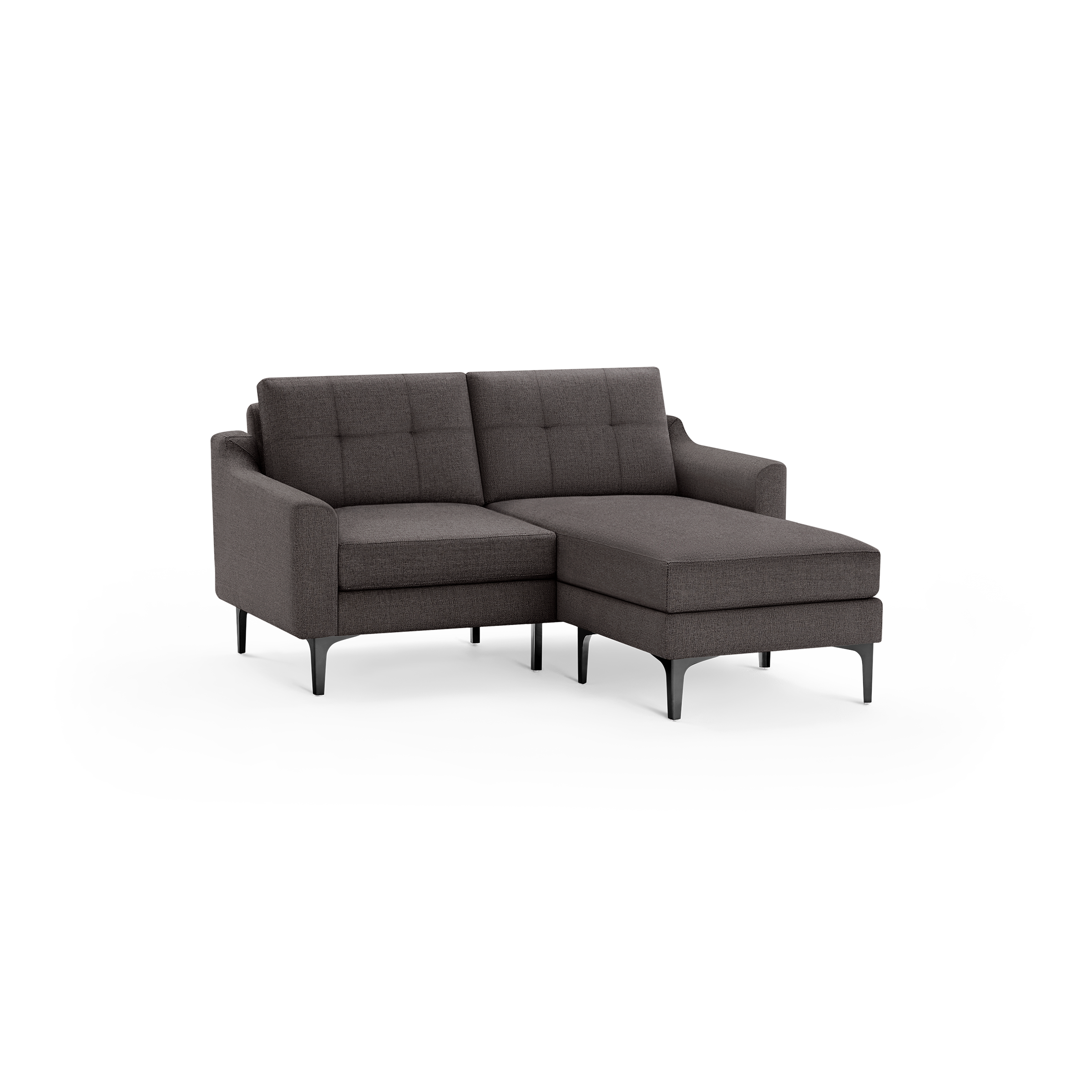 Modern dark gray fabric sectional sofa with tufted back cushions, wide armrests, and black metal legs.