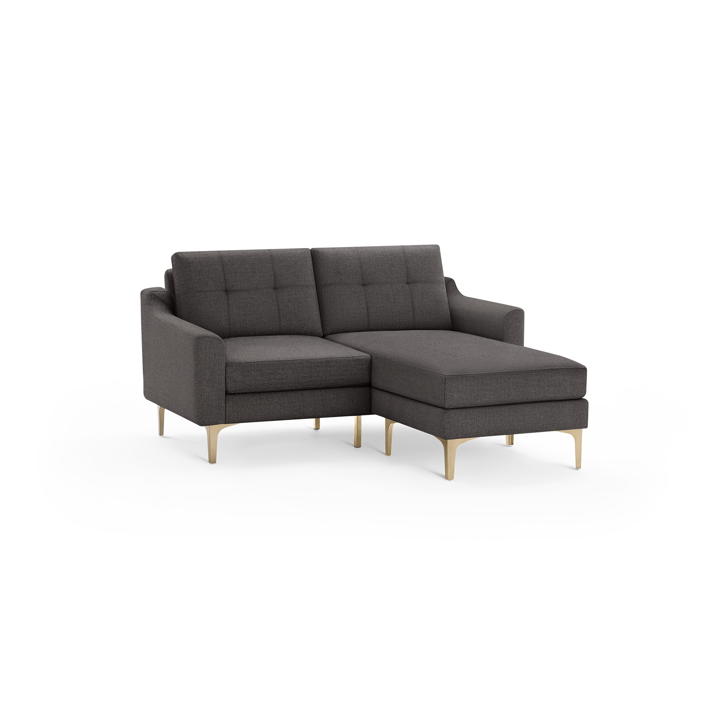Modern dark gray fabric sectional sofa with tufted back cushions and light wooden legs, featuring a chaise lounge on the right side.