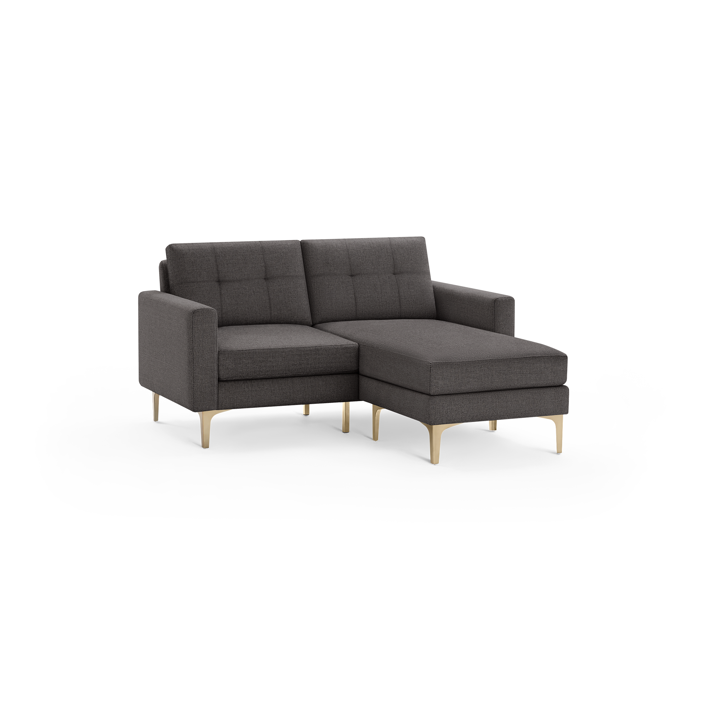 Modern dark gray fabric sectional sofa with tufted cushions and light wooden tapered legs, featuring a chaise lounge on the right side.