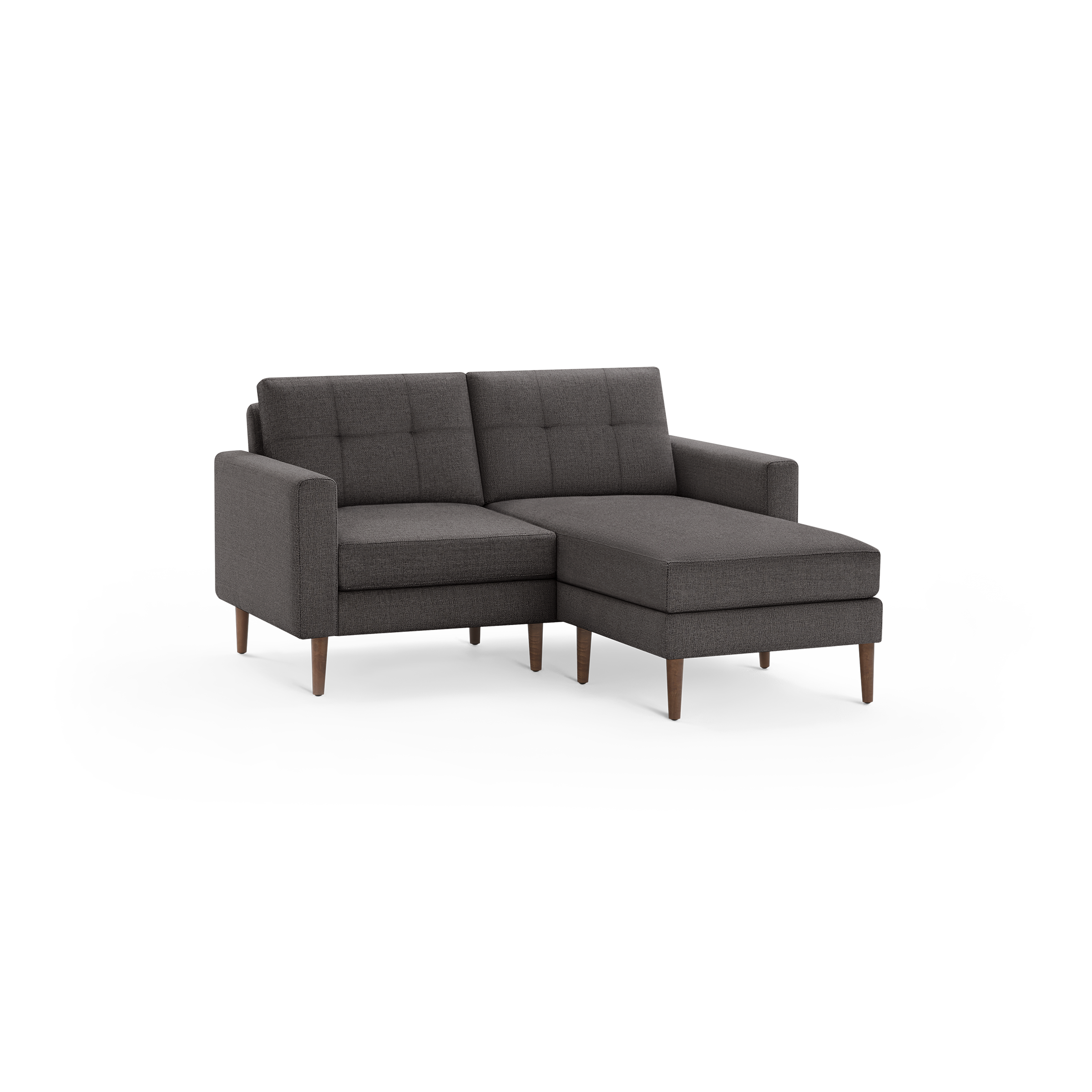 Dark gray modern sectional sofa with tufted back cushions, straight arms, wooden legs, and chaise lounge on the right side.
